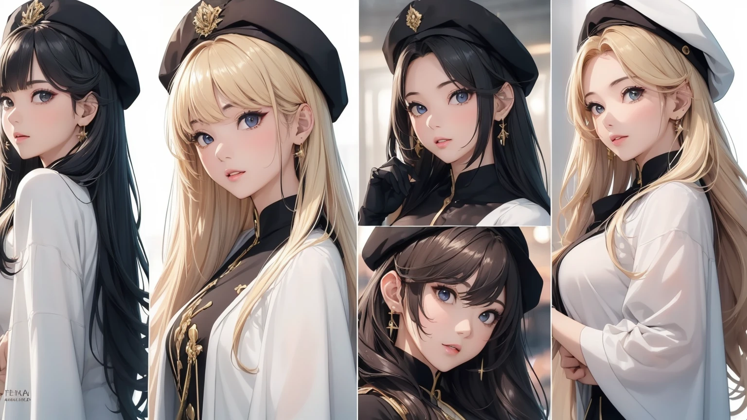 ((Masterpiece)),(((best quality))),(character design sheet, Same character...., front, side), beautiful girl,The results of hair coloring are clear.、Qi Bang、shawl long hair、beret hat、eyeole, fluid under the nipple、put on makeup、Ring Earrings、Cinema-grade lighting、Drawing of standing characters from many angles.、Variations of anime、Highly detailed、High quality。 --automatic, Separate from each other...., to, equilibrium, decorate, Sharp teeth, shout, sparkling eyes, มีHighly detailed, ((4 expressions)), Jungle Theme, ((ตกสะเก็ดบนใบfront, glossy lips, Shiny skin, (((มีสี่frontเท่านั้น))), (((References only four)))