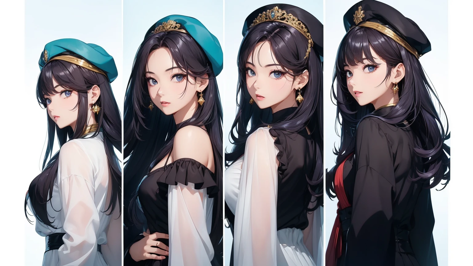 ((Masterpiece)),(((best quality))),(character design sheet, Same character...., front, side), beautiful girl,The results of hair coloring are clear.、Qi Bang、shawl long hair、beret hat、eyeole, fluid under the nipple、put on makeup、Ring Earrings、Cinema-grade lighting、Drawing of standing characters from many angles.、Variations of anime、Highly detailed、High quality。 --automatic, Separate from each other...., to, equilibrium, decorate, Sharp teeth, shout, sparkling eyes, มีHighly detailed, ((4 expressions)), Jungle Theme, ((ตกสะเก็ดบนใบfront, glossy lips, Shiny skin, (((มีสี่frontเท่านั้น))), (((References only four)))