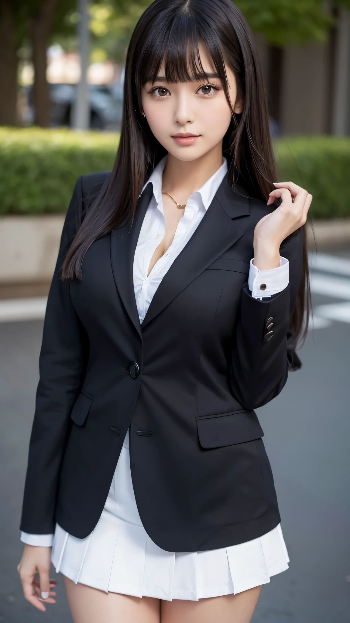 ((best quality)), ((muste piece)), (detailed breasts), (highlight), perfect face、Young girl with detailed face showing cleavage、Long, thick, glossy, beautiful black hair with blunt bangs、solid color background、Standing student council president wearing blazer and miniskirt school uniform