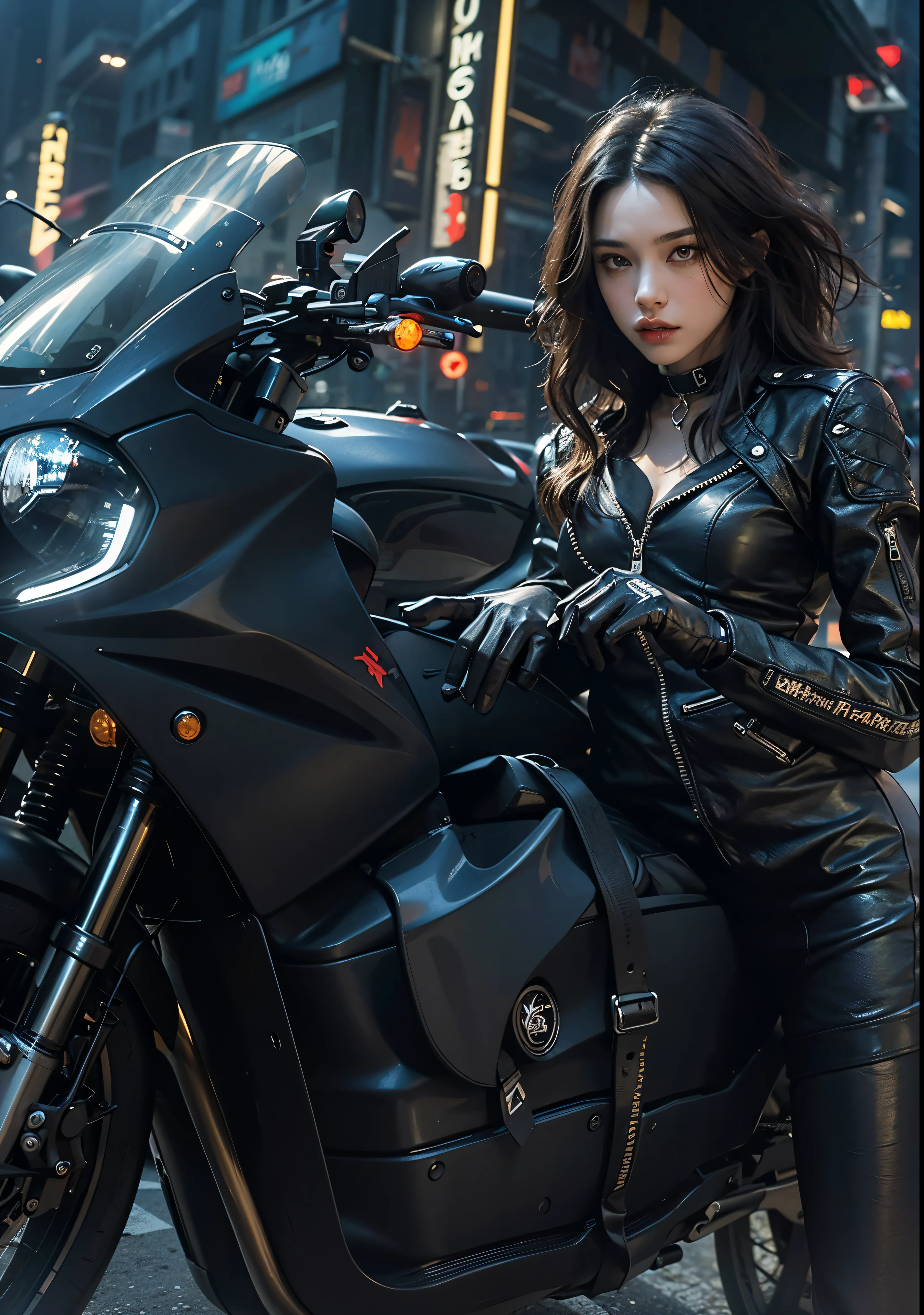 Huntress riding a high-tech motorcycle, Shoot high-tech cannons, Sparks from guns, (1 female, brown eyes, white skin, Twin-tailed black hair, choker, small breasts, skinny, lip whole, compensate, eyeliner, Russia), Wearing black one-piece leather armor, Long leather gloves, long Leather boots, In a cyberpunk town at night,  (cyberpunk theme), (masterpiece, highest quality, 8K, sharp focus, written boundary depth, best shadows, perfect light, HDR, realistic skin texture, Ultra-detailed and detailed background), wide shot