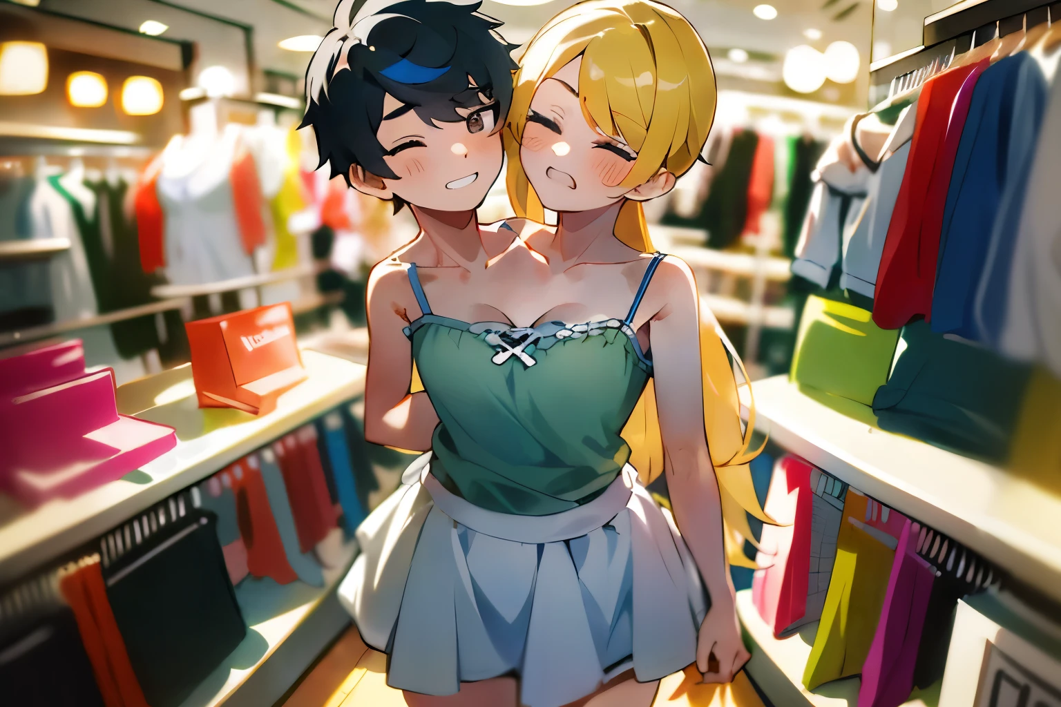 (masterpiece, best quality), best resolution, 2others, couple, 1boy and 1girl with 2heads, (1boy:1.8), swapped heads, headswap, short hair boy, long hair girl, eyes closed, in a women’s clothing store, arguing, upset, different hair color, different hair style, skirt and camisole