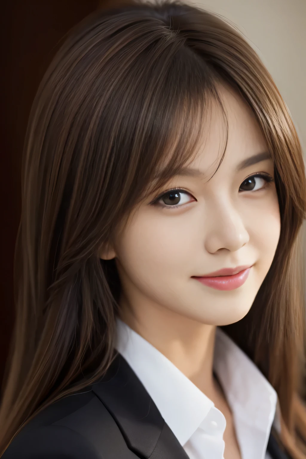 step piece, highest quality, realistic, Super detailed, finely, High resolution, 8K Dende Wallpaper, 1 beautiful woman,, light brown messy hair, wearing a business suit, sharp focus, perfect dynamic composition, beautiful and detailed eyes, fine hair, Detailed realistic skin texture, smile, close-up portrait, model body shape