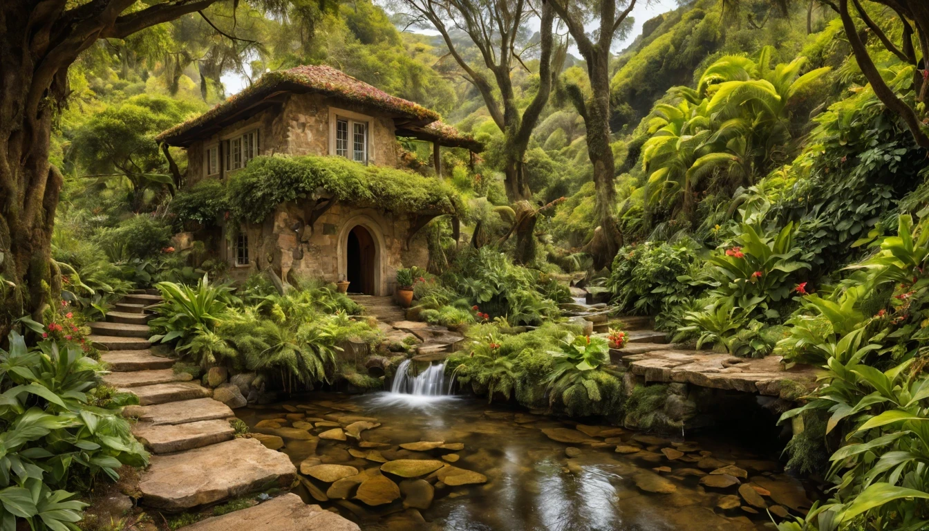 There is a beautiful girl "Kim Basinger", com um vestido Preto longo e detalhado, melhor qualidade,realistic detailed fantasy house in an Encantado forest,ao lado de um riacho tranquilo,(lush vegetation,folhagem abundante,musgo espesso),(vaga-lumes cintilantes,Dancing butterflies,sussurrando atmosfera misteriosa e arborizada,ethereal ambiance),(sonhe como,magical,Encantado:1.2),(macio,luz solar filtrada),(aconchegante,esquentar,Convidativo:1.1) Fairytale setting,(cores vibrantes,roof covered in pastel colors,porta detalhada em madeira esculpida,magical symbolubbling stream,water bathed in the sun),(vento sussurrando,Folhas farfalhantes),Old stone path leading to the house,jardim coberto com flores florescentes,and a beautiful swing hanging from a tree branch.