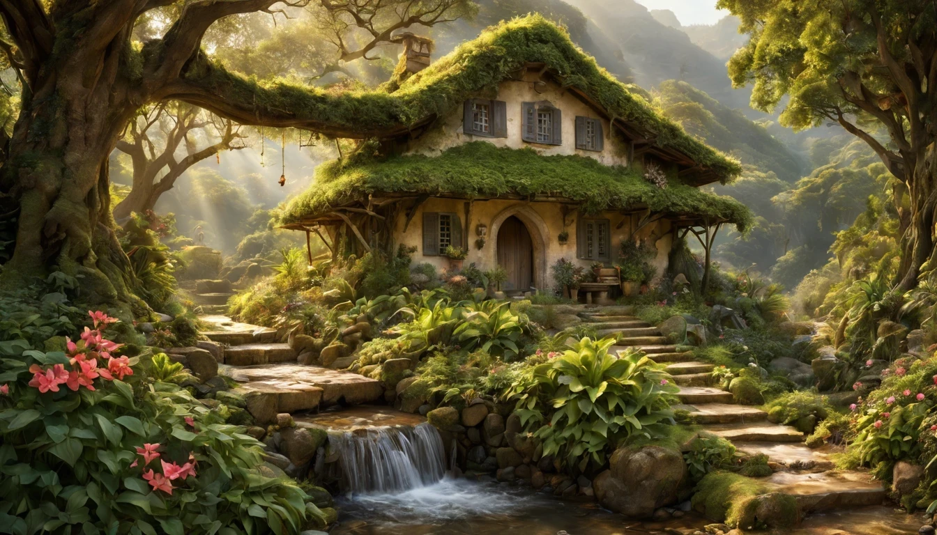 There is a beautiful girl "Kim Basinger", com um vestido Preto longo e detalhado, melhor qualidade,realistic detailed fantasy house in an Encantado forest,ao lado de um riacho tranquilo,(lush vegetation,folhagem abundante,musgo espesso),(vaga-lumes cintilantes,Dancing butterflies,sussurrando atmosfera misteriosa e arborizada,ethereal ambiance),(sonhe como,magical,Encantado:1.2),(macio,luz solar filtrada),(aconchegante,esquentar,Convidativo:1.1) Fairytale setting,(cores vibrantes,roof covered in pastel colors,porta detalhada em madeira esculpida,magical symbolubbling stream,water bathed in the sun),(vento sussurrando,Folhas farfalhantes),Old stone path leading to the house,jardim coberto com flores florescentes,and a beautiful swing hanging from a tree branch.