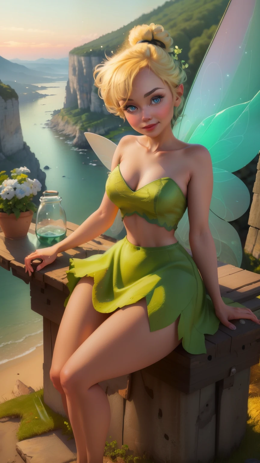 (Tinker Wife:1), smile, cute, cute pose, looking at the viewer, thick thighs, single hair bun hair, short hair, (Strapless Green Dress:1), (fairy wings), sitting, (chest focus:1.2), From above,
(realistic:1.2), (realism), (masterpiece:1.2), (highest quality), (Super detailed), (8K, 4K, Complex),(full body shot:1),(cowboy shot:1.2), (85mm),particles of light, lit, (very detailed:1.2),(detailed face:1.2), (Gradation), software, colorful,(fine eyes:1.2),
(detailed landscape, in a glass bottle:1.2),(detailed background),detailed landscape, (dynamic angle:1.2), (dynamic pose:1.2), (third law_composition:1.3), (Action range:1.2), wide shot, dawn, alone,