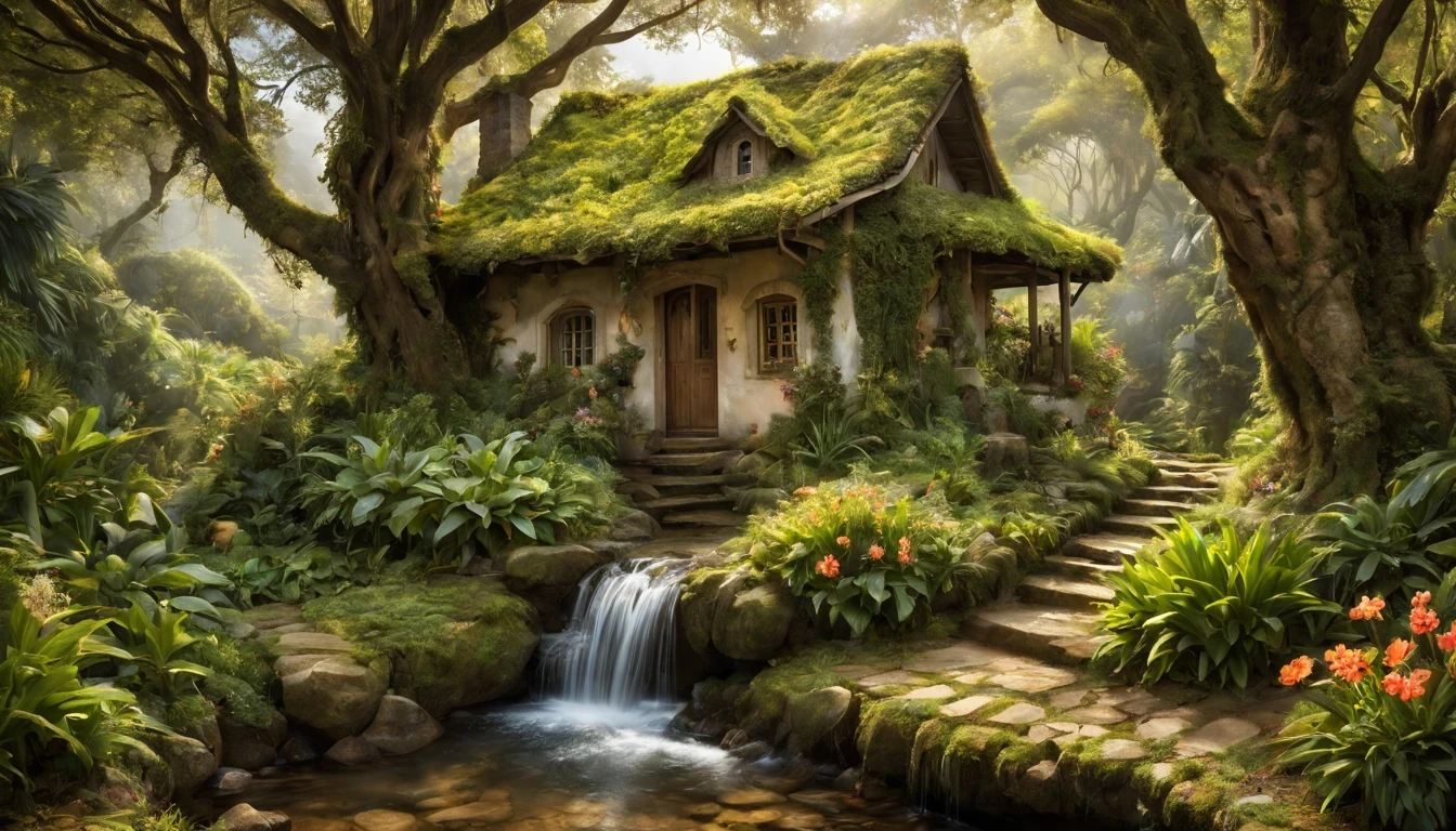 There is a beautiful girl "Kim Basinger", com um vestido Preto longo e detalhado, melhor qualidade,realistic detailed fantasy house in an Encantado forest,ao lado de um riacho tranquilo,(lush vegetation,folhagem abundante,musgo espesso),(vaga-lumes cintilantes,Dancing butterflies,sussurrando atmosfera misteriosa e arborizada,ethereal ambiance),(sonhe como,magical,Encantado:1.2),(macio,luz solar filtrada),(aconchegante,esquentar,Convidativo:1.1) Fairytale setting,(cores vibrantes,roof covered in pastel colors,porta detalhada em madeira esculpida,magical symbolubbling stream,water bathed in the sun),(vento sussurrando,Folhas farfalhantes),Old stone path leading to the house,jardim coberto com flores florescentes,and a beautiful swing hanging from a tree branch.