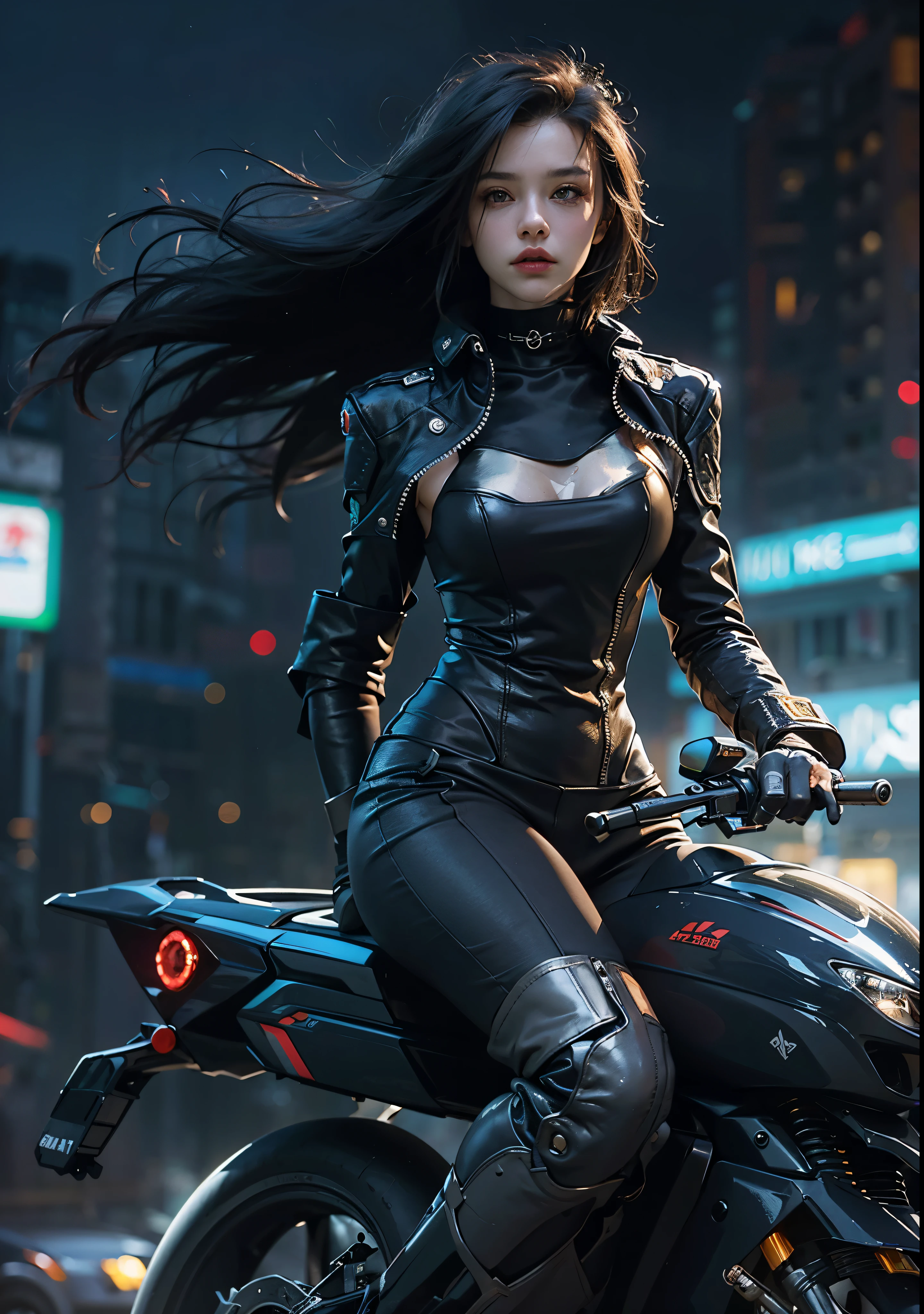 Huntress riding a high-tech motorcycle, Shoot high-tech cannons, Sparks from guns, (1 female, brown eyes, white skin, Twin-tailed black hair, choker, small breasts, skinny, lip whole, compensate, eyeliner, Russia), Wearing black one-piece leather armor, Long leather gloves, long Leather boots, In a cyberpunk town at night,  (cyberpunk theme), (masterpiece, highest quality, 8K, sharp focus, written boundary depth, best shadows, perfect light, HDR, realistic skin texture, Ultra-detailed and detailed background), wide shot