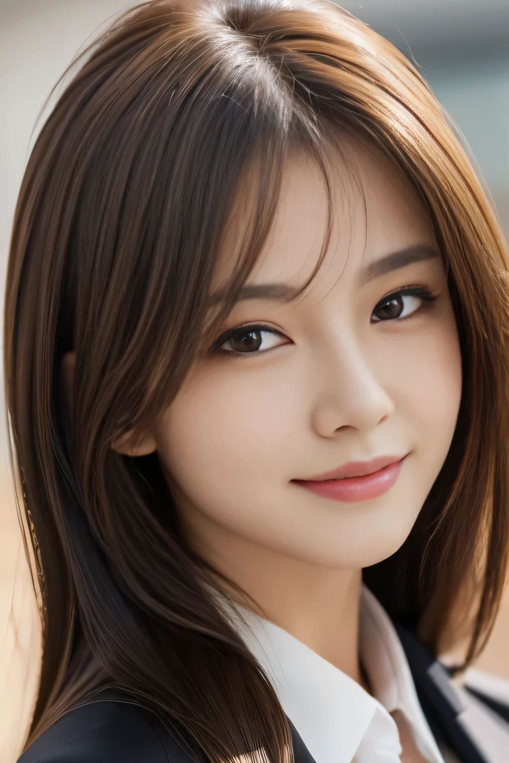 step piece, highest quality, realistic, Super detailed, finely, High resolution, 8K Dende Wallpaper, 1 beautiful woman,, light brown messy hair, wearing a business suit, sharp focus, perfect dynamic composition, beautiful and detailed eyes, fine hair, Detailed realistic skin texture, smile, close-up portrait, model body shape