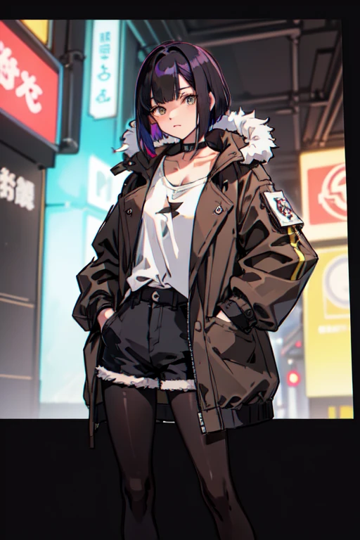 1girl, alone, girl, (black hair), (colored inner hair, purple hair), straight hair, (bob cut), short hair, Asymmetrical hair, Bang Pin Back, hair clip, brown eyes, Calm behavior, lacks expressiveness, medium breasts, choker, white shirt, black fabric shorts, (pantyhose:1.1), (fur-trimmed parka jacket, brown jacket, oversize jacket:1.15), thighs, (put one's hand in one's pocket), City of night, cyber punk, colorful, beautiful, ((neon light star piece, highest quality, 4K