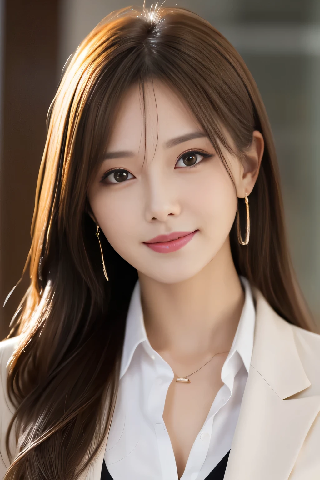 step piece, highest quality, realistic, Super detailed, finely, High resolution, 8K Dende Wallpaper, 1 beautiful woman,, light brown messy hair, wearing a business suit, sharp focus, perfect dynamic composition, beautiful and detailed eyes, fine hair, Detailed realistic skin texture, smile, close-up portrait, model body shape