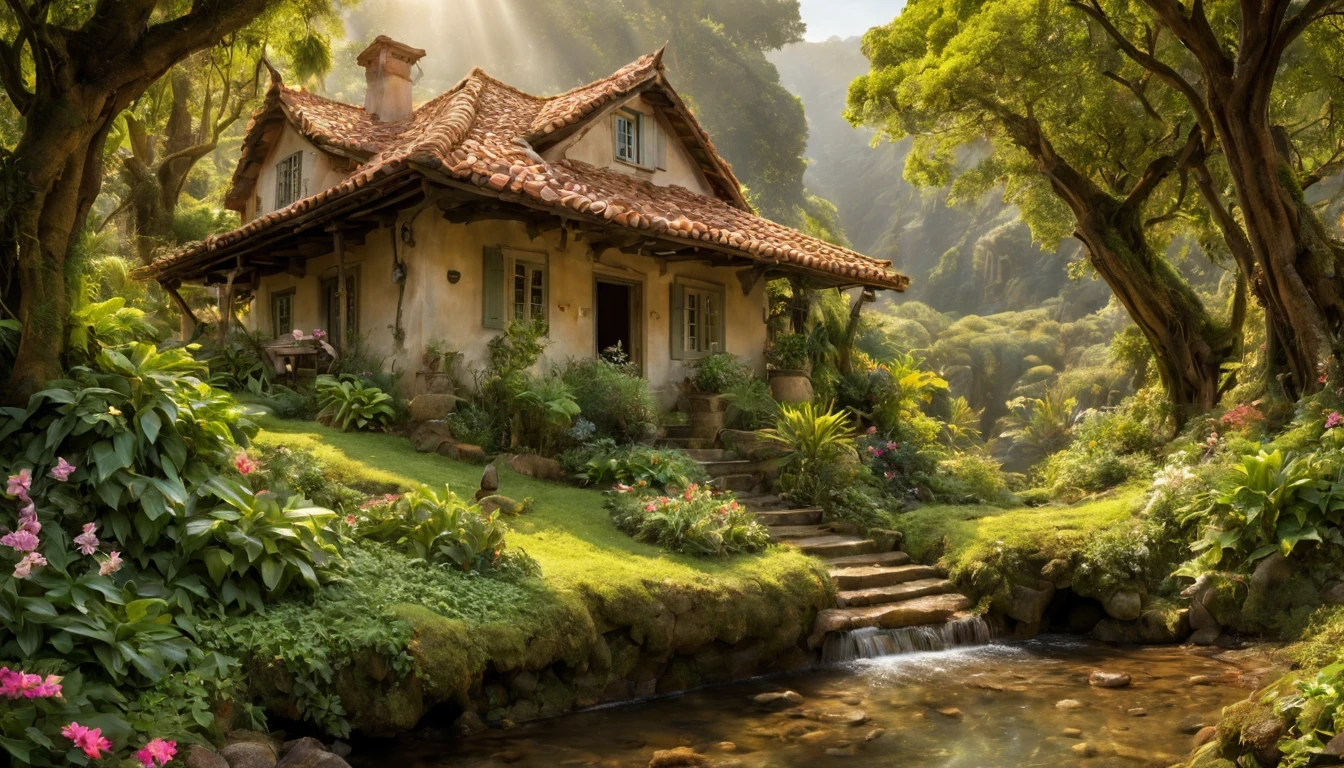 There is a beautiful girl "Kim Basinger", com um vestido Preto longo e detalhado, melhor qualidade,realistic detailed fantasy house in an Encantado forest,ao lado de um riacho tranquilo,(lush vegetation,folhagem abundante,musgo espesso),(vaga-lumes cintilantes,Dancing butterflies,sussurrando atmosfera misteriosa e arborizada,ethereal ambiance),(sonhe como,magical,Encantado:1.2),(macio,luz solar filtrada),(aconchegante,esquentar,Convidativo:1.1) Fairytale setting,(cores vibrantes,roof covered in pastel colors,porta detalhada em madeira esculpida,magical symbolubbling stream,water bathed in the sun),(vento sussurrando,Folhas farfalhantes),Old stone path leading to the house,jardim coberto com flores florescentes,and a beautiful swing hanging from a tree branch.