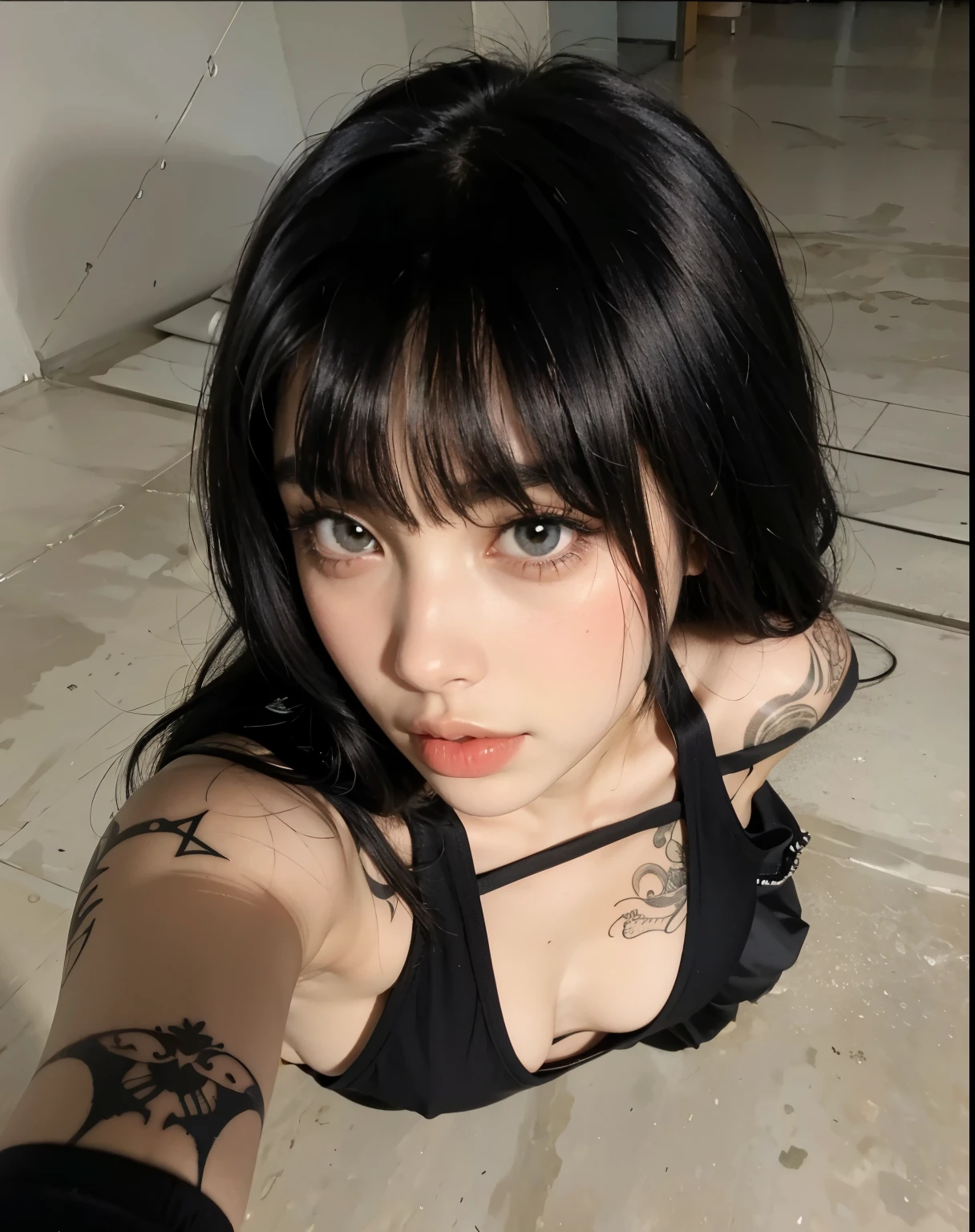 Woman with a tattoo on her arm and a black top, ela tem cabelo preto com franja, charli xcx, franja preta, cabelo preto com franja, imagem de perfil, 1 7 - - old h girl, goth girl, cabelo preto e olhos grandes, olhar sexy, ela parece uma mistura de sujeira, alexa 65, alexa65, peitos grandes