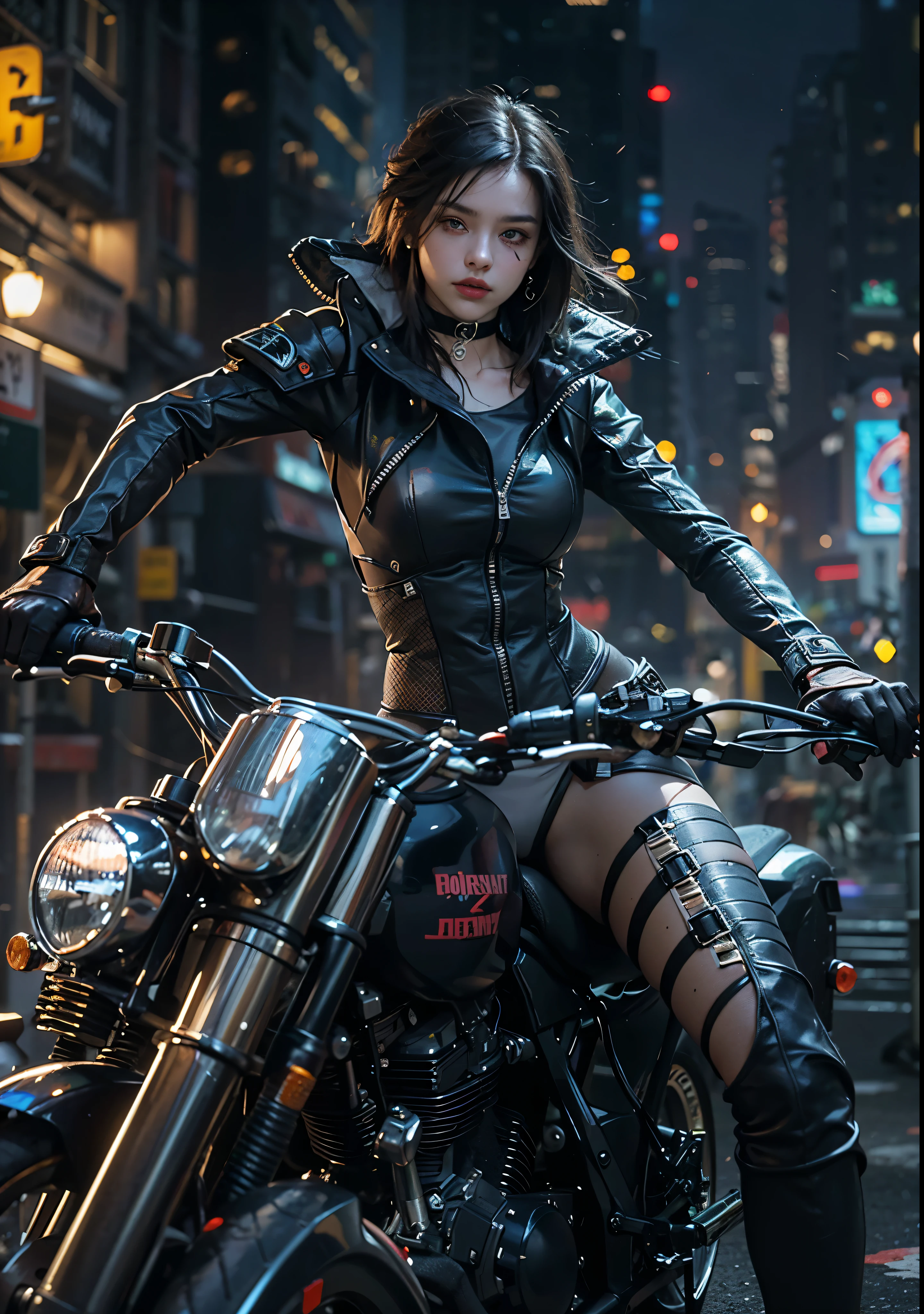 Huntress riding a high-tech motorcycle, Shoot high-tech cannons, Sparks from guns, (1 female, brown eyes, white skin, Twin-tailed black hair, choker, small breasts, skinny, lip whole, compensate, eyeliner, Russia), Wearing black one-piece leather armor, Long leather gloves, long Leather boots, In a cyberpunk town at night, (cyberpunk theme), (masterpiece, highest quality, 8K, sharp focus, written boundary depth, best shadows, perfect light, HDR, realistic skin texture, Ultra-detailed and detailed background), wide shot