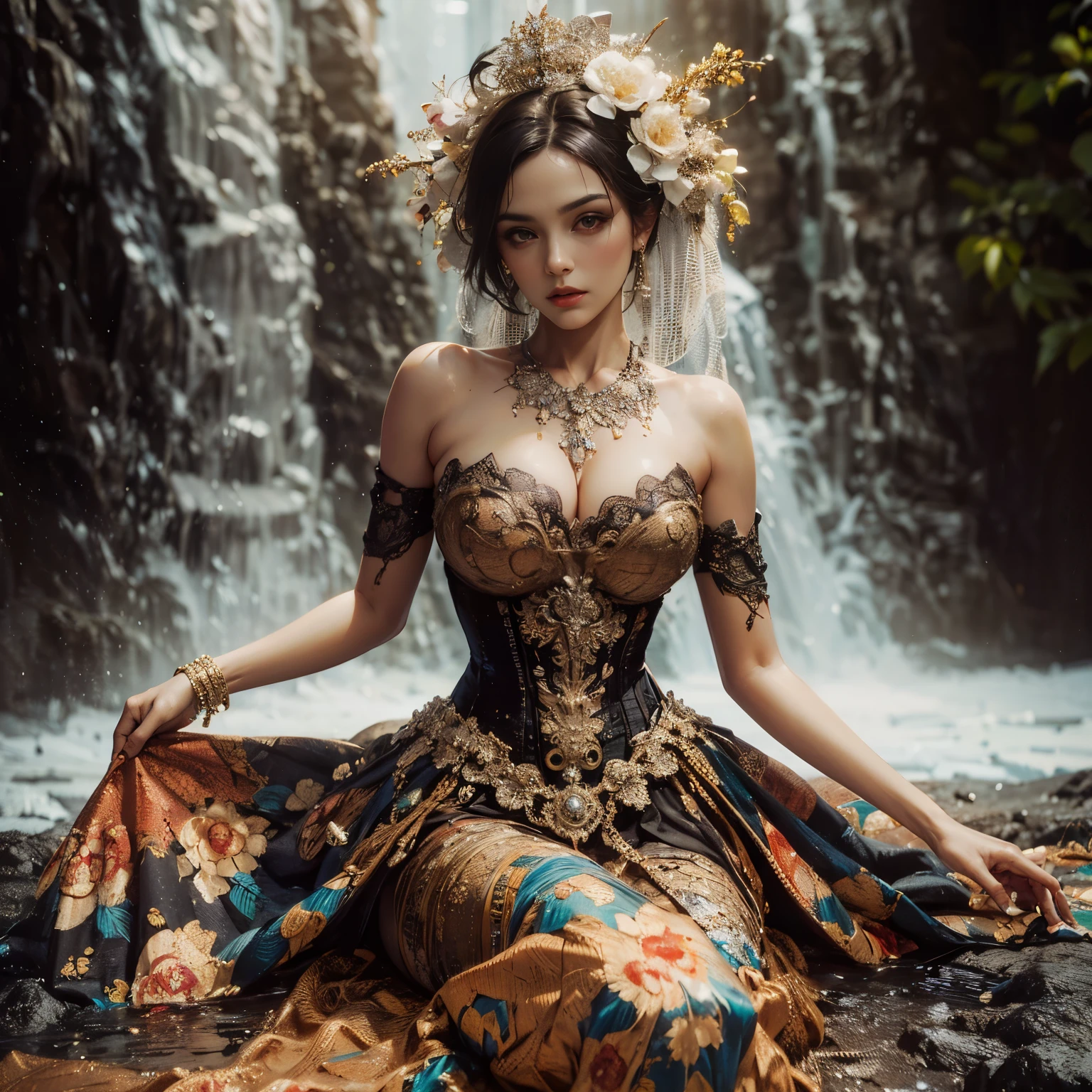 arafed woman with bustier gigantic breast in a corset and dress in front of a building, wearing an ornate outfit, ornate dress, intricate dress, elegant corset, ornate and elegant, extravagant dress, inspired by Hedi Xandt, ornate attire, intricate outfit, ornate royal gown, ornate clothing, ornate gown, intricate and elegant, intricate detailed dress, ornate , royal dress, masterpiece, best quality:1.2),,(8k,highres,RAW photo,realistic,photo-realistic:1.3),(detailed skin texture,detailed cloth texture,beautiful detailed face:1.25),professional lighting,photon mapping,beautiful soft light,radiosity,physically-based rendering,raytracing, model shoot style, model shoot style, (extremely detailed CG unity 8k wallpaper), full shot body photo of the most beautiful artwork in the world,