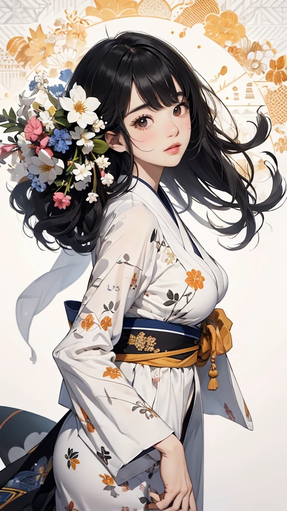 ((Highly detailed CG unit 8k wallpaper, masterpiece, High resolution, highest quality, highest qualityのリアルテクスチャスキン)), ((very beautiful woman, Nana Komatsu, Figure with hands in pockets:1.5, plump lips, Japanese pattern haori, Japanese pattern micro mini shorts)), (messy black hair, white skin, small breasts), ((and handle background, Colorful background with geometric patterns, white background)), Sumi-e, hyper realistic, digital painting, concept art,