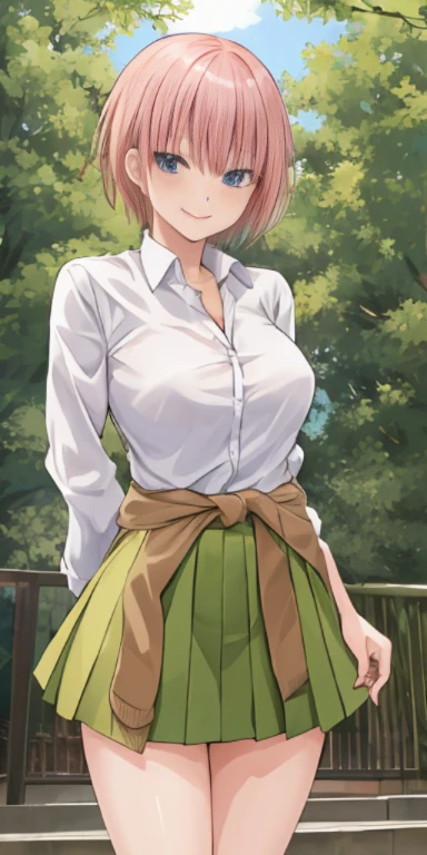 2D, masterpiece, highest quality, anime, very detailed, 1 girl, alone, cowboy shot, Nakano ichika, pink hair, short hair, Cardigan around the waist, collared shirt, green skirt, mini skirt, medium breasts, Are standing, School, outdoor, smile,sex slave,covered in white slime,Peeing,rape,being violated,Erotic