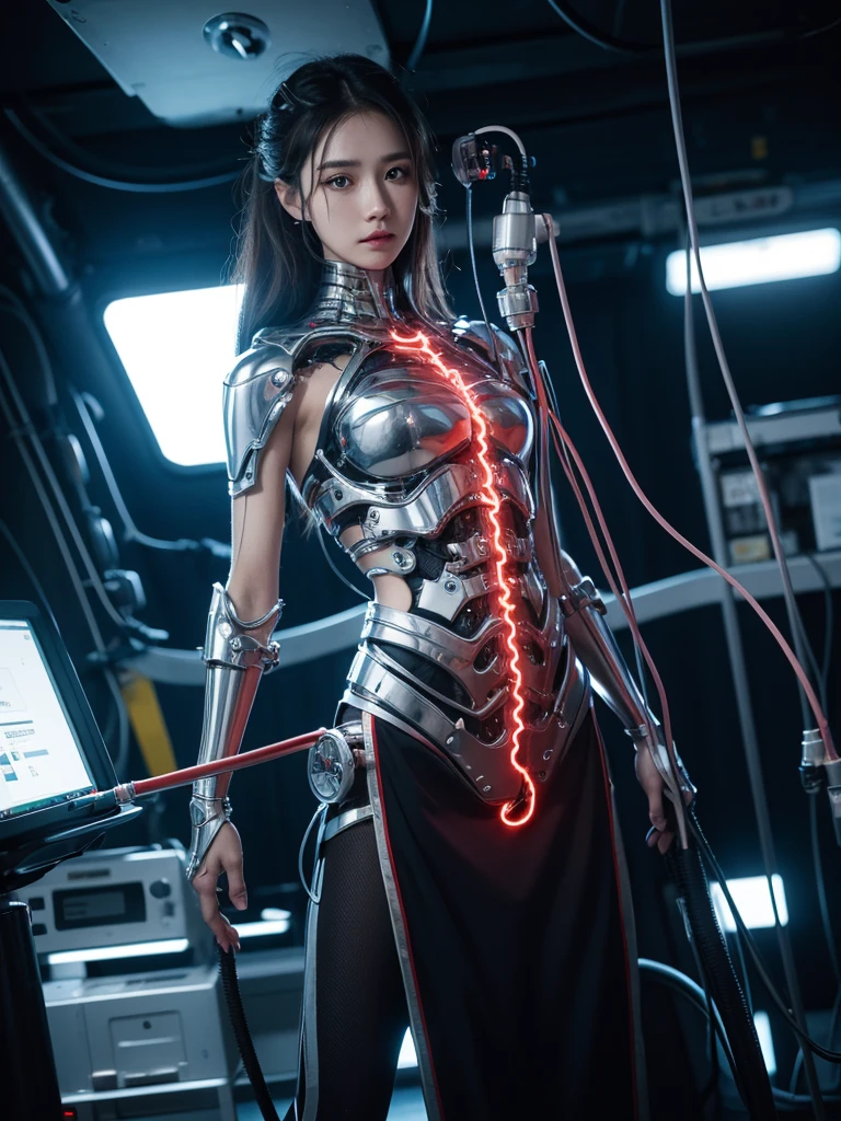 1 white mechanical girl,((Extraordinarily realistic details)), Portrait, world class illumination, shadow, Octane rendering, 8ก, Ultra Sharp,silver metal,complicated, detailed jewelry, cool colors, highly complicated details, realistic light, Trending in cgsociety, shining eyes, beautiful face, Double eyelids, Standing Pose, Stand facing the camera., neon details, mechanical limbs,blood vessels connected to tubes,A mechanical spine is attached to the back.,sit,wires and cables connecting to head, Highly detailed, เทคโนโลยีจากFuture World, Future World, Alien Technology