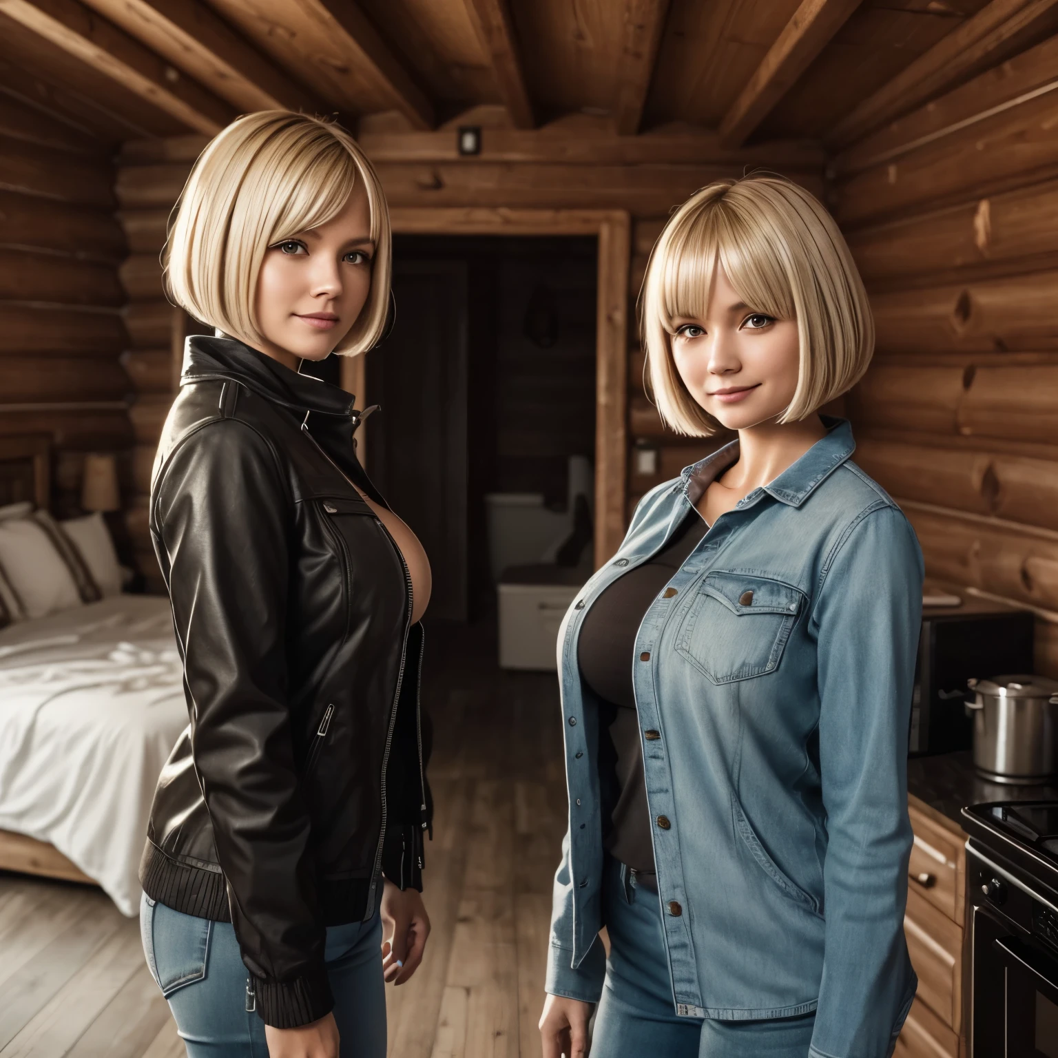 Two girls in a cabin in the woods loading suitcases into car, dressed in winter clothes, smiling, (Isabel Merced, blond, bob_cut hair),(Isabel Merced, black hair, bob_cut hair), (skin texture:1.1), (high detail face:1.1), full bodyshot, high detail body, high detail clothes, (big breasts:1.3),(masterpiece), (realistic), ultra high definition, 4k, ultra high resolution, film grain, cinematic lighting, rim lighting, photo by Arny Freytag, RAW image