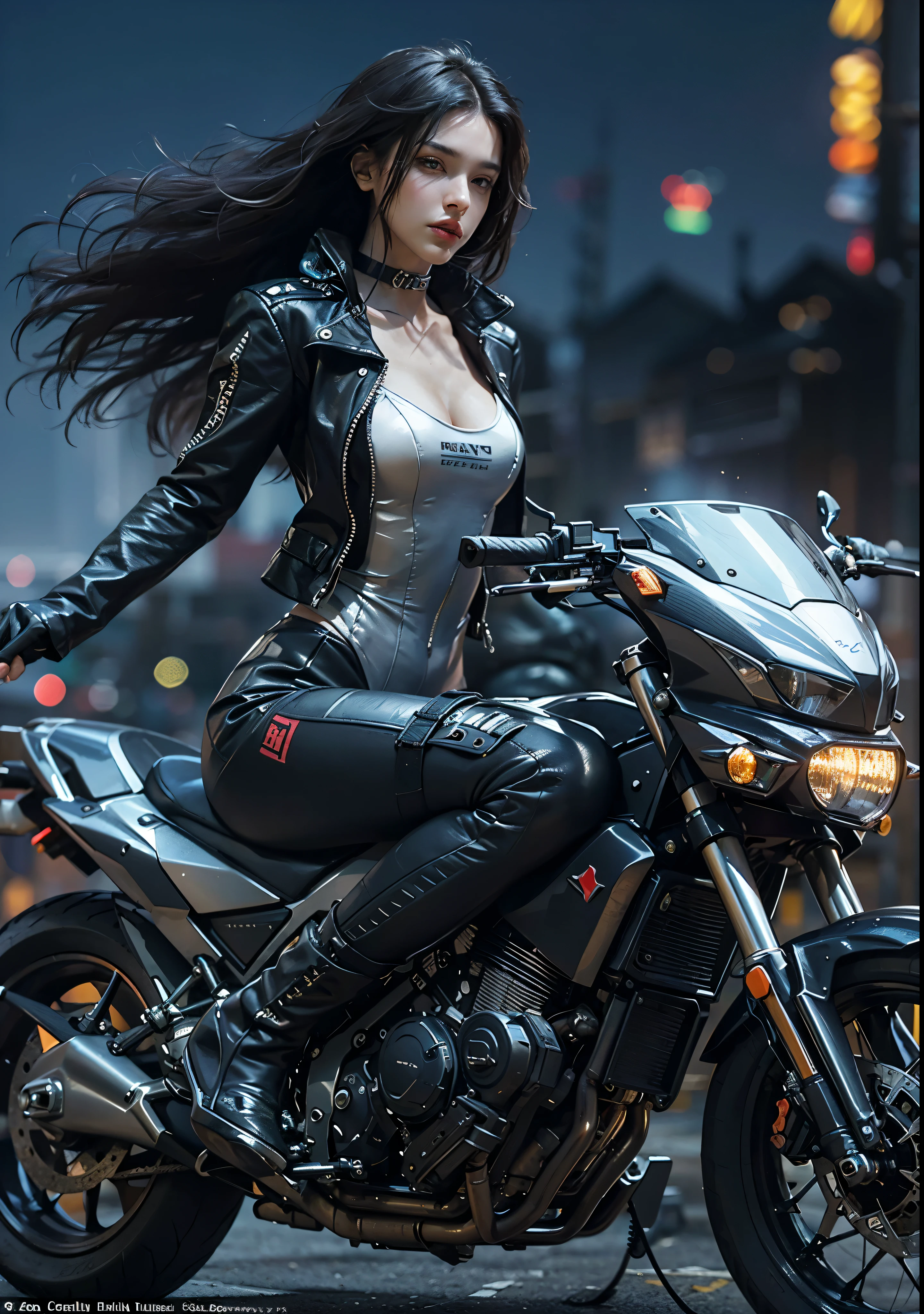 Huntress riding a high-tech motorcycle, Shoot high-tech cannons, Sparks from guns, (1 female, brown eyes, white skin, Twin-tailed black hair, choker, small breasts, skinny, lip whole, compensate, eyeliner, Russia), Wearing black one-piece leather armor, Long leather gloves, long Leather boots, In a cyberpunk town at night,  (cyberpunk theme), (masterpiece, highest quality, 8K, sharp focus, written boundary depth, best shadows, perfect light, HDR, realistic skin texture, Ultra-detailed and detailed background), wide shot