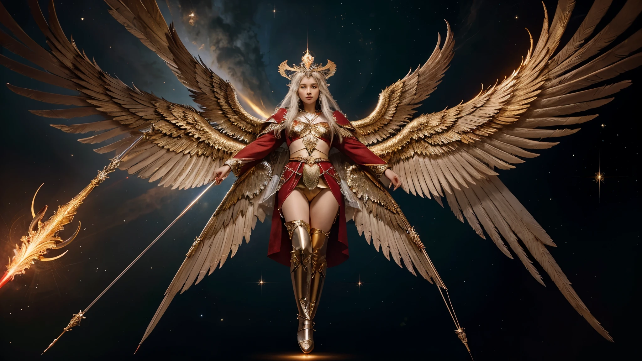 Develop a high-resolution, celestial-illuminated visual representation of a majestic seraphim, with six pairs of wings on his back, wearing red robes adorned with silver and gold accents. The seraphim holds a flaming-tipped spear while radiating a divine luminosity that highlights his celestial presence.