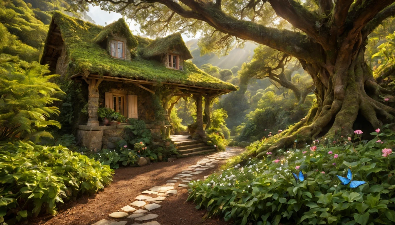 There is a beautiful girl "Nicole Kidman", com um vestido Roxo Claro longo e detalhado, melhor qualidade,realistic detailed fantasy house in an Encantado forest,ao lado de um riacho tranquilo,(lush vegetation,folhagem abundante,musgo espesso),(vaga-lumes cintilantes,Dancing butterflies,sussurrando atmosfera misteriosa e arborizada,ethereal ambiance),(sonhe como,magical,Encantado:1.2),(macio,luz solar filtrada),(aconchegante,esquentar,Convidativo:1.1) Fairytale setting,(cores vibrantes,roof covered in pastel colors,porta detalhada em madeira esculpida,magical symbolubbling stream,water bathed in the sun),(vento sussurrando,Folhas farfalhantes),Old stone path leading to the house,jardim coberto com flores florescentes,and a beautiful swing hanging from a tree branch.