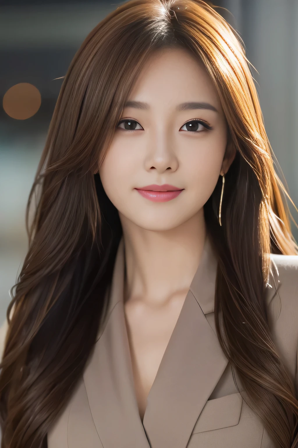step piece, highest quality, realistic, Super detailed, finely, High resolution, 8K Dende Wallpaper, 1 beautiful woman,, light brown messy hair, wearing a business suit, sharp focus, perfect dynamic composition, beautiful and detailed eyes, fine hair, Detailed realistic skin texture, smile, close-up portrait, model body shape