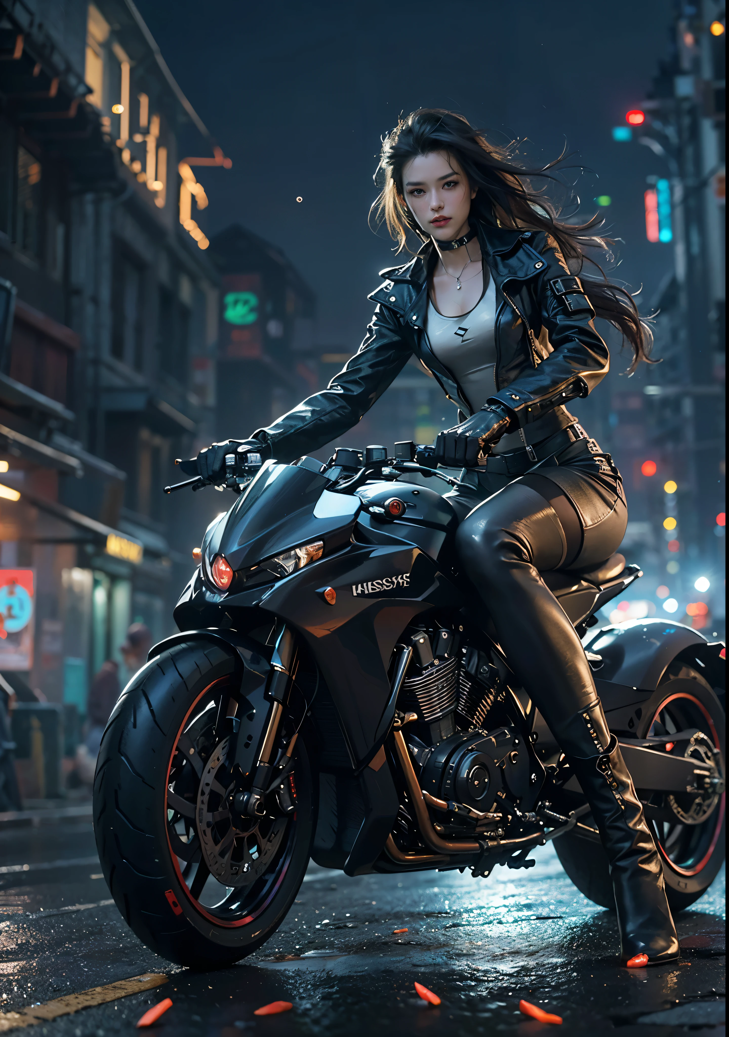 Huntress riding a high-tech motorcycle, Shoot high-tech cannons, Sparks from guns, (1 female, brown eyes, white skin, Twin-tailed black hair, choker, small breasts, skinny, lip whole, compensate, eyeliner, Russia), Wearing black one-piece leather armor, Long leather gloves, long Leather boots, In a cyberpunk town at night, (cyberpunk theme), (masterpiece, highest quality, 8K, sharp focus, written boundary depth, best shadows, perfect light, HDR, realistic skin texture, Ultra-detailed and detailed background), wide shot