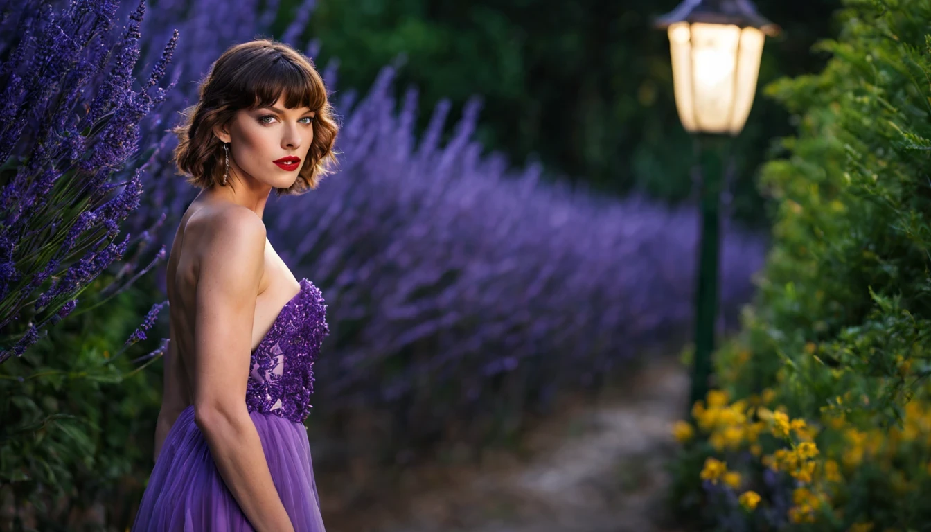 There is a beautiful girl "Milla Jovovich", com um vestido longo e detalhado cor de Roxo, em uma pequena cidade em uma noite chuvosa, no jardim de uma casa, public lighting pole, cor, um pouco de musgo, Casa sombreada em uma floresta em tempo tempestuoso, Lavanda, flor, Fotografia macro de Miki Asai, fechar-se, hiper detalhado, trends on artstation, sharp focus, studio photo, detalhes intrincados, altamente detalhado, por Greg Rutkowski