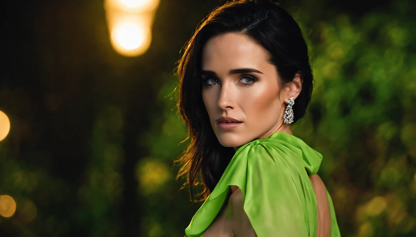 There is a beautiful girl "Jennifer Connelly", with a long, detailed lime green dress, em uma pequena cidade em uma noite chuvosa, no jardim de uma casa, public lighting pole, cor, um pouco de musgo, Casa sombreada em uma floresta em tempo tempestuoso, Lavanda, flor, Fotografia macro de Miki Asai, fechar-se, hiper detalhado, trends on artstation, sharp focus, studio photo, detalhes intrincados, altamente detalhado, por Greg Rutkowski