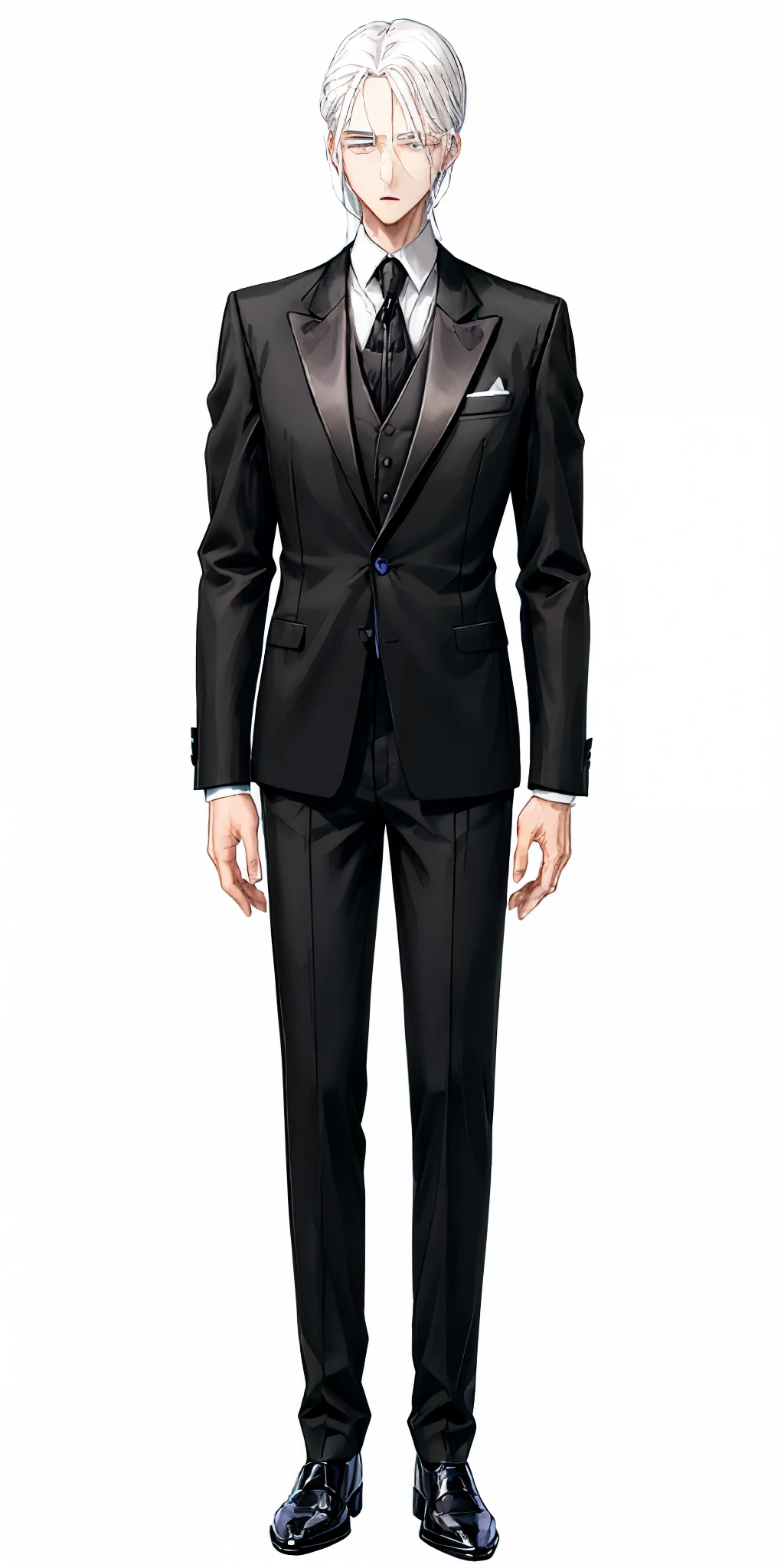 anime character dressed in black suit and tie with white hair, !!full body portrait!!, slender man, man in black suit, wearing a black suit, single character full body, dark suit, wearing black suit, in a black suit, fullbody portrait, tall anime guy with blue eyes, formal black suit. detailed, full body single character,hd quality 