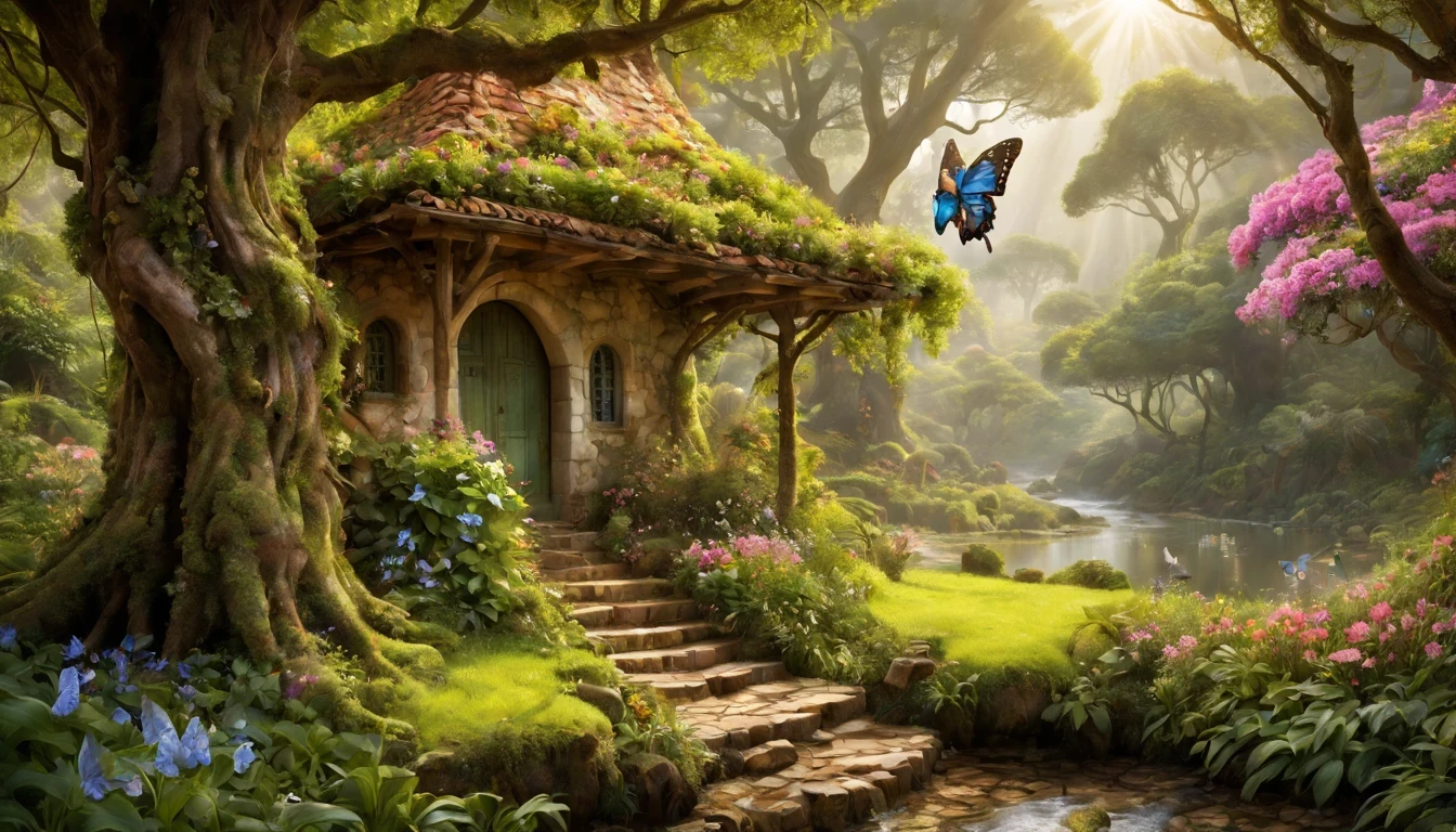 There is a beautiful girl "Nicole Kidman", com um vestido Roxo Claro longo e detalhado, melhor qualidade,realistic detailed fantasy house in an Encantado forest,ao lado de um riacho tranquilo,(lush vegetation,folhagem abundante,musgo espesso),(vaga-lumes cintilantes,Dancing butterflies,sussurrando atmosfera misteriosa e arborizada,ethereal ambiance),(sonhe como,magical,Encantado:1.2),(macio,luz solar filtrada),(aconchegante,esquentar,Convidativo:1.1) Fairytale setting,(cores vibrantes,roof covered in pastel colors,porta detalhada em madeira esculpida,magical symbolubbling stream,water bathed in the sun),(vento sussurrando,Folhas farfalhantes),Old stone path leading to the house,jardim coberto com flores florescentes,and a beautiful swing hanging from a tree branch.