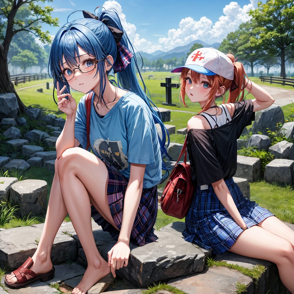 blue hair、Red-blonde、blue eyeraid、ponytail、one good looking girl、solo、anime、Plaid miniskirt、black t-shirt、camisole、forest、sitting、Wearing a plaid baseball cap、Tilting your face、Doing the ribbon、sunset sky、stone bridge、stone stairs、petal、A small bird  flying、big tree、tunnel、Holy Church、Bang、stretching one&#39;s back、Fallen leaveixing glasses
