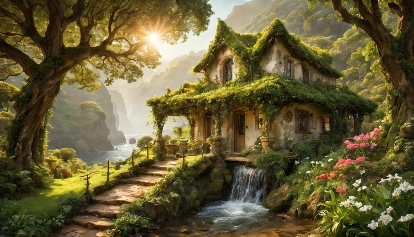 There is a beautiful girl "Nicole Kidman", com um vestido Branco longo e detalhado, melhor qualidade,realistic detailed fantasy house in an Encantado forest,ao lado de um riacho tranquilo,(lush vegetation,folhagem abundante,musgo espesso),(vaga-lumes cintilantes,Dancing butterflies,sussurrando atmosfera misteriosa e arborizada,ethereal ambiance),(sonhe como,magical,Encantado:1.2),(macio,luz solar filtrada),(aconchegante,esquentar,Convidativo:1.1) Fairytale setting,(cores vibrantes,roof covered in pastel colors,porta detalhada em madeira esculpida,magical symbolubbling stream,water bathed in the sun),(vento sussurrando,Folhas farfalhantes),Old stone path leading to the house,jardim coberto com flores florescentes,and a beautiful swing hanging from a tree branch.