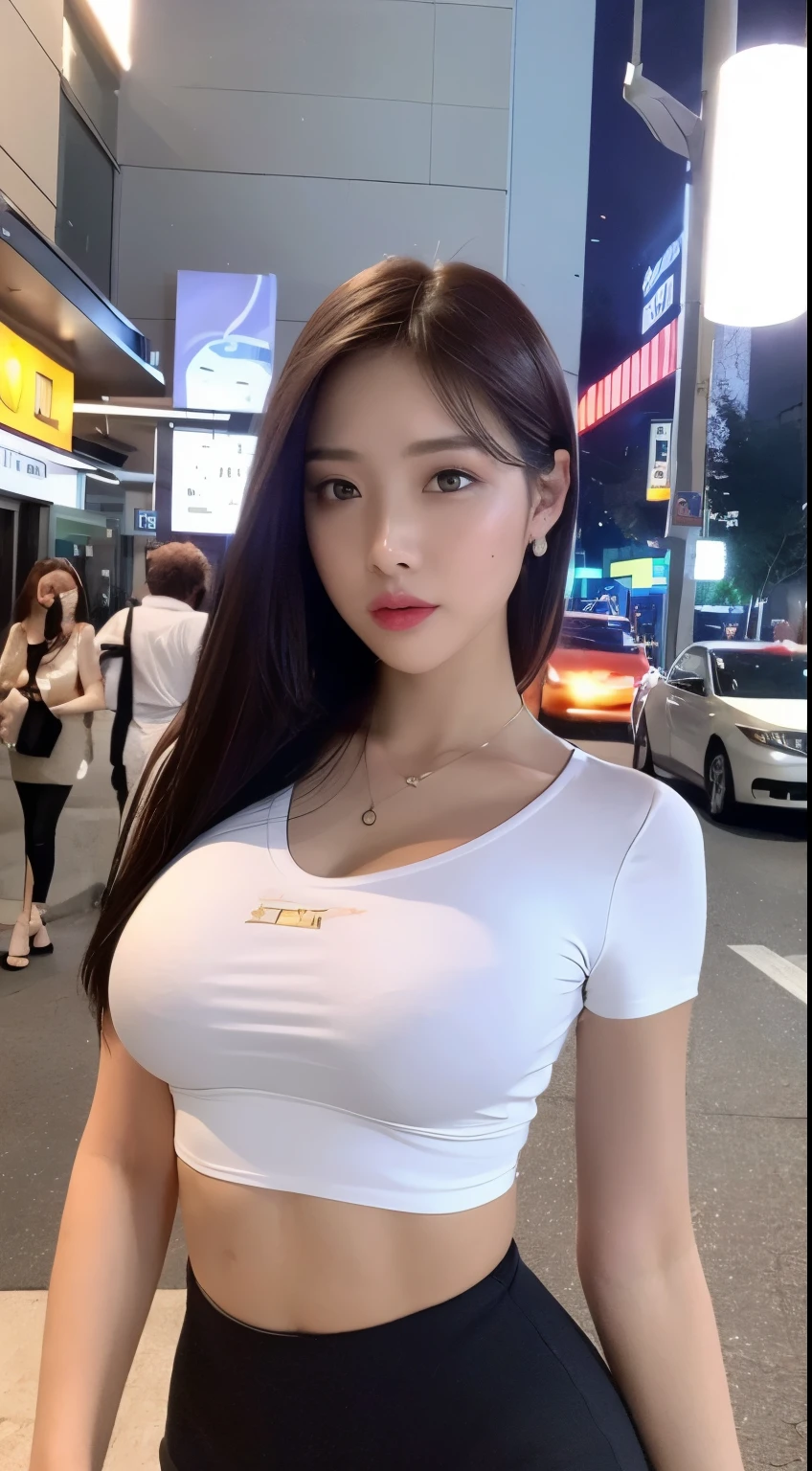 ((Realistic lighting, Best quality, 8K, Masterpiece: 1.3)), Light focus: 1.2, 1girl, Perfect figure: 1.4, Slim Abs: 1.1, ((Dark brown hair)), (White crop top: 1.4), (Outdoor, Night: 1.1), City streets, Super thin face, {WIDE eyes}, ({looking at viewer}), Double eyelids, {Full Body}, Geek twerk style  dress, Elegant features on breasts, Body features of perfect  model,  Sexy features in evidence, geektight and sexy fashion clothing