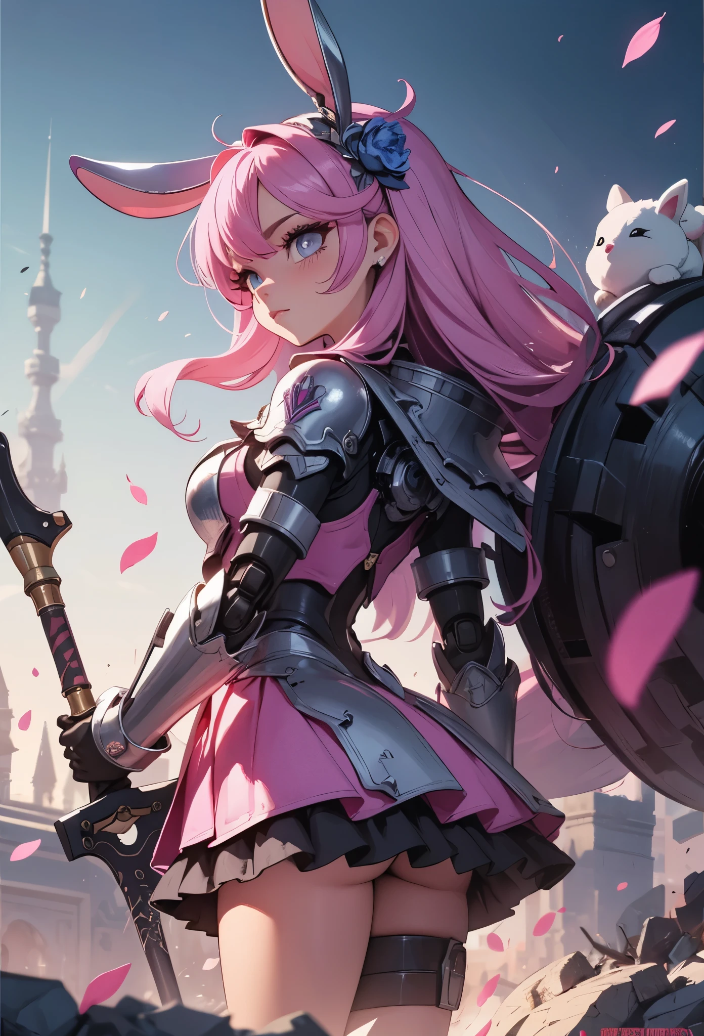 (detailed illustrations,Very detailed and precise drawing,Delicate drawn lines with tempo,Realistic texture expression),[color traced main line],(fantasy world battlefield [burning castle]),(GIRL ROBOT  (pink rabbit [METALFACE[lenticular iris]])) [WEAPON MACHINE],(([petal] metal dress [frills]) [flower pattern] [Clear pink translucent armor that covers the body surface]) [ribbon]) [Energy tubes that glow at the joints],[use a sledgehammer as a weapon],[[Mobile Weapon Gigant Size][science fiction mechanical]],(Metallic luster on metal parts),(intricate and beautiful decoration [Dense detail]),(Precisely drawn face)[perfect eye details(Beautifully detailed iris)[eyes like jewels]],[long and beautiful eyelashes],[precisely drawn hair [Beautiful and shiny hair details]],(perfect hand details [Beautiful fingers with no damage [beautiful nails]]),(perfect anatomy(perfectly balanced proportions))[[full body portrait]],[ideal color coordination(Accurate simulation of light and material interactions)],[Visual art that tells a story].
