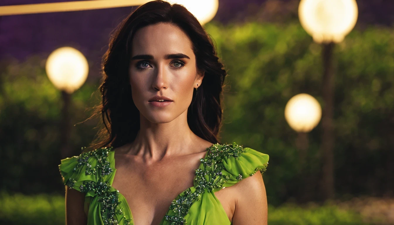 There is a beautiful girl "Jennifer Connelly", with a long, detailed lime green dress, em uma pequena cidade em uma noite chuvosa, no jardim de uma casa, public lighting pole, cor, um pouco de musgo, Casa sombreada em uma floresta em tempo tempestuoso, Lavanda, flor, Fotografia macro de Miki Asai, fechar-se, hiper detalhado, trends on artstation, sharp focus, studio photo, detalhes intrincados, altamente detalhado, por Greg Rutkowski