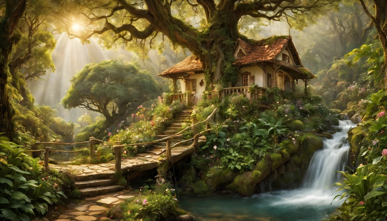 There is a beautiful girl "Nicole Kidman", com um vestido Branco longo e detalhado, melhor qualidade,realistic detailed fantasy house in an Encantado forest,ao lado de um riacho tranquilo,(lush vegetation,folhagem abundante,musgo espesso),(vaga-lumes cintilantes,Dancing butterflies,sussurrando atmosfera misteriosa e arborizada,ethereal ambiance),(sonhe como,magical,Encantado:1.2),(macio,luz solar filtrada),(aconchegante,esquentar,Convidativo:1.1) Fairytale setting,(cores vibrantes,roof covered in pastel colors,porta detalhada em madeira esculpida,magical symbolubbling stream,water bathed in the sun),(vento sussurrando,Folhas farfalhantes),Old stone path leading to the house,jardim coberto com flores florescentes,and a beautiful swing hanging from a tree branch.