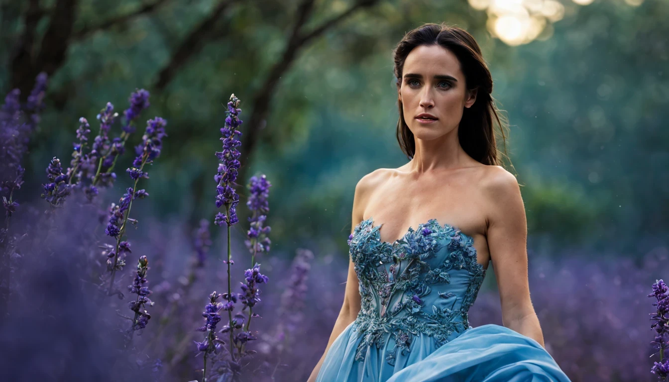 There is a beautiful girl "Jennifer Connelly", com um vestido Azul Celeste longo e detalhado, em uma pequena cidade em uma noite chuvosa, no jardim de uma casa, public lighting pole, cor, um pouco de musgo, Casa sombreada em uma floresta em tempo tempestuoso, Lavanda, flor, Fotografia macro de Miki Asai, fechar-se, hiper detalhado, trends on artstation, sharp focus, studio photo, detalhes intrincados, altamente detalhado, por Greg Rutkowski