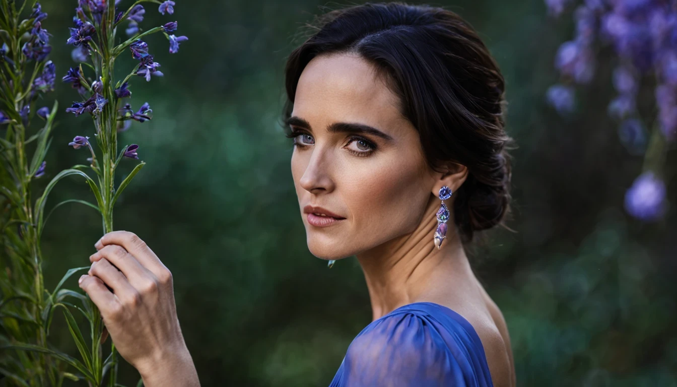 There is a beautiful girl "Jennifer Connelly", com um vestido Azul Celeste longo e detalhado, em uma pequena cidade em uma noite chuvosa, no jardim de uma casa, public lighting pole, cor, um pouco de musgo, Casa sombreada em uma floresta em tempo tempestuoso, Lavanda, flor, Fotografia macro de Miki Asai, fechar-se, hiper detalhado, trends on artstation, sharp focus, studio photo, detalhes intrincados, altamente detalhado, por Greg Rutkowski
