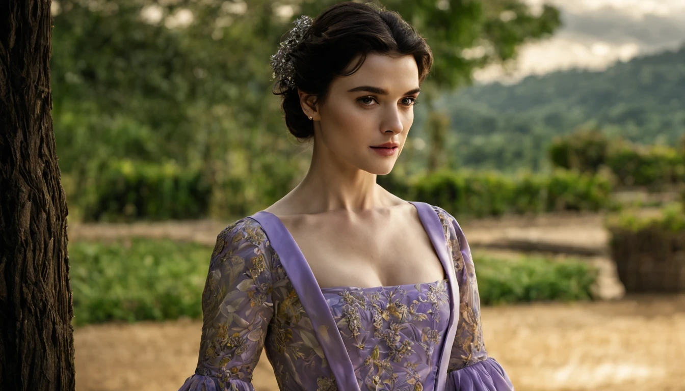 There is a beautiful girl "Rachel Weisz", with a long, detailed Lemon Yellow dress, em uma pequena cidade em uma noite chuvosa, no jardim de uma casa, public lighting pole, cor, um pouco de musgo, Casa sombreada em uma floresta em tempo tempestuoso, Lavanda, flor, Fotografia macro de Miki Asai, fechar-se, hiper detalhado, trends on artstation, sharp focus, studio photo, detalhes intrincados, altamente detalhado, por Greg Rutkowski