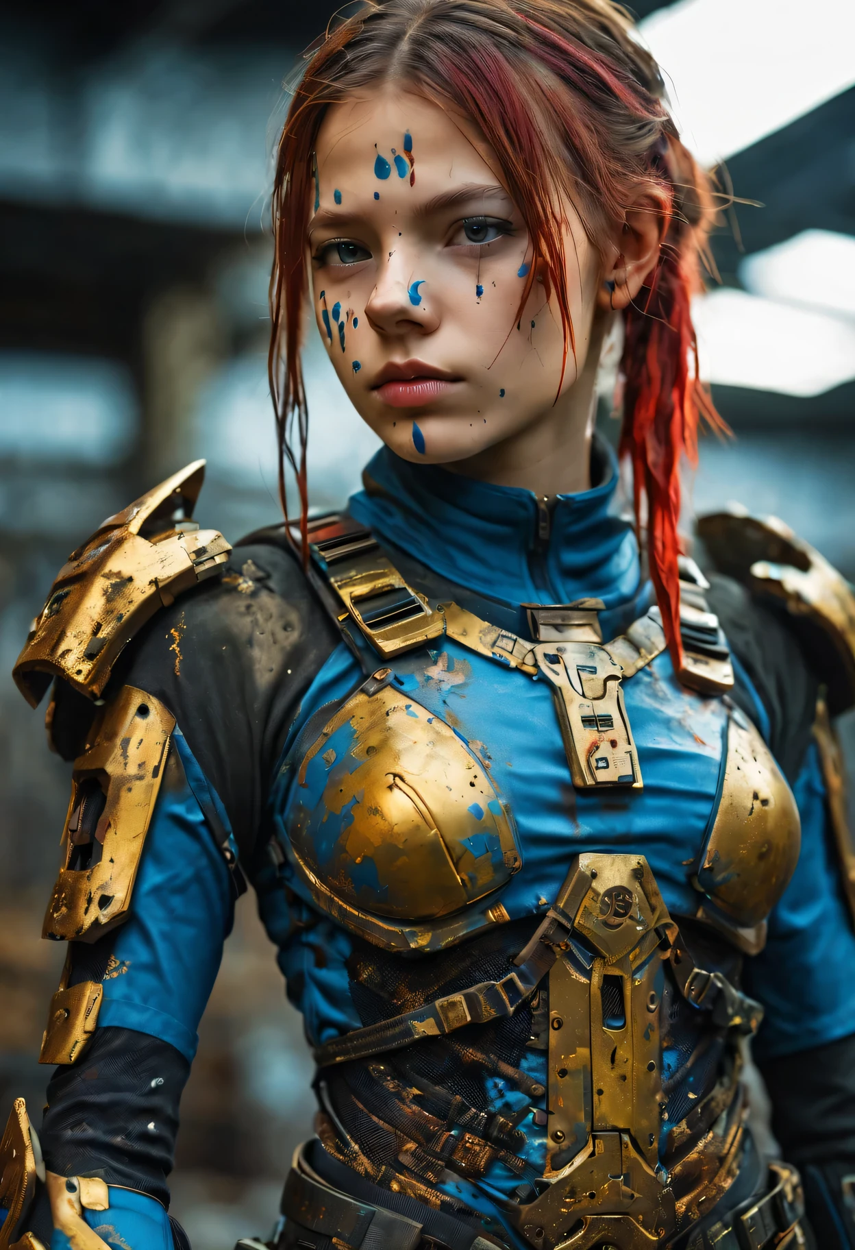 Beautiful hyperrealistic photograph of a perfect likeness of SandraOv4 with Runic tattoos, 13 years old, ((dirty face Blood splattered)), (((wearing full heavy mecha Vaultgirl vaultsuit blue and gold armor, combat harness, Neon highlights))) Short Red Dreadlocks, closeup of head and shoulders with dirty dark-dirty-red-blood covered face and dirty hi tech armor, interior of Military Facility background, Camo netting, Ammo Boxes abstract beauty, near perfection, pure form, Golden Ratio, concept art, By Brian Froud and Carne Griffiths and Wadim Kashin, intricate detail, 8k post-production, High resolution, super Detail, trending on ArtStation, sharp focus, studio photos, intricate detail, Very detailed, By Greg Rutkowski