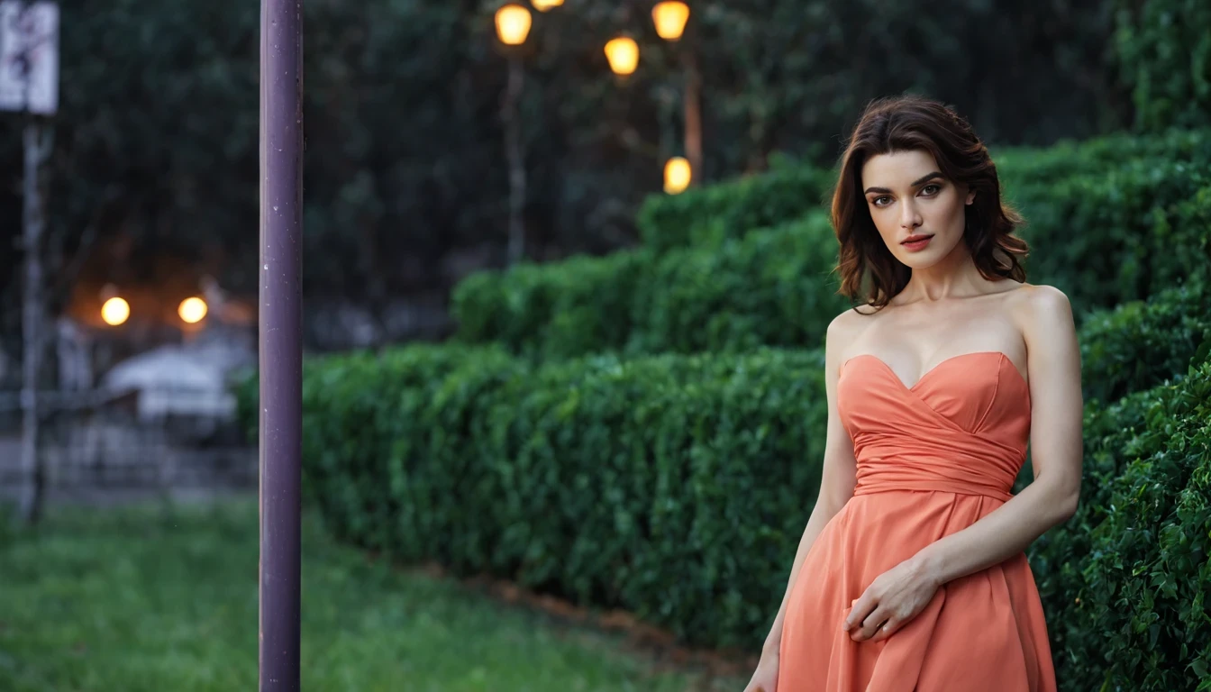 There is a beautiful girl "Rachel Weisz", with a long, detailed Salmon dress, em uma pequena cidade em uma noite chuvosa, no jardim de uma casa, public lighting pole, cor, um pouco de musgo, Casa sombreada em uma floresta em tempo tempestuoso, Lavanda, flor, Fotografia macro de Miki Asai, fechar-se, hiper detalhado, trends on artstation, sharp focus, studio photo, detalhes intrincados, altamente detalhado, por Greg Rutkowski