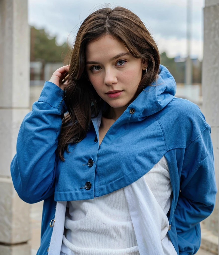 Belle brunette ,yeux bleus, classe, veste classe,