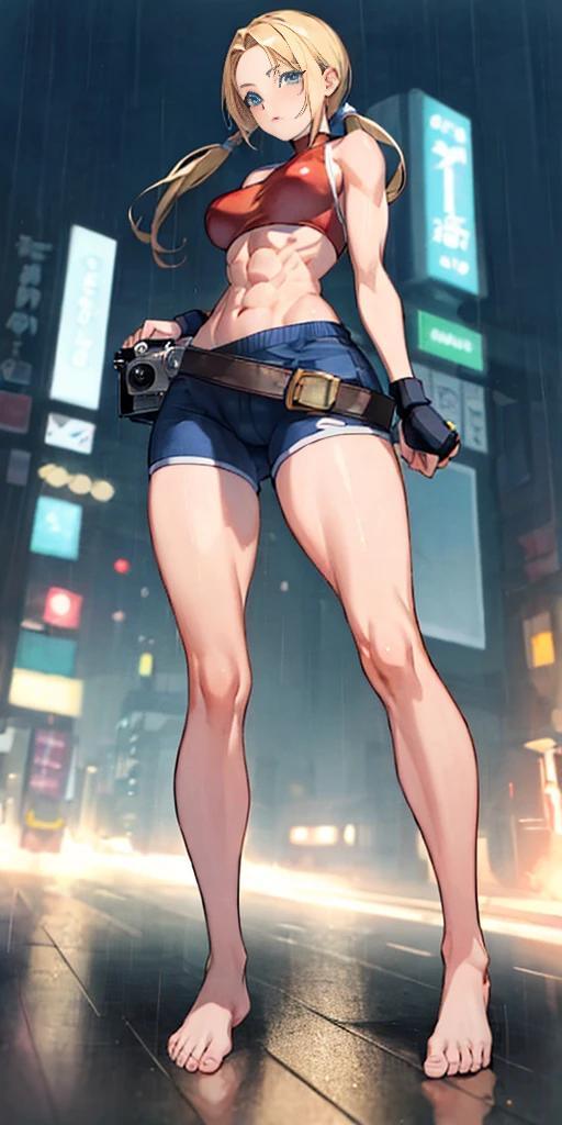 maryms,Best Quality,(beauty),masterpiece, 1girl,phisically-based render ,ultra highres,narrow waist, skinny,big eyes,long legs,(small breasts),puffy eyes, night,(rainy city), shiny skin, facing viewer, fighting stance, (make a fist),firm expression, muscular belly, bare feet, (((showing big ass and looking down))), (full body photo), standing, (twintails ), camera on the floor