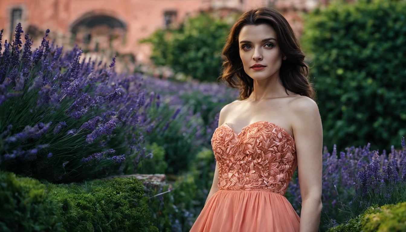 There is a beautiful girl "Rachel Weisz", with a long, detailed Salmon dress, em uma pequena cidade em uma noite chuvosa, no jardim de uma casa, public lighting pole, cor, um pouco de musgo, Casa sombreada em uma floresta em tempo tempestuoso, Lavanda, flor, Fotografia macro de Miki Asai, fechar-se, hiper detalhado, trends on artstation, sharp focus, studio photo, detalhes intrincados, altamente detalhado, por Greg Rutkowski
