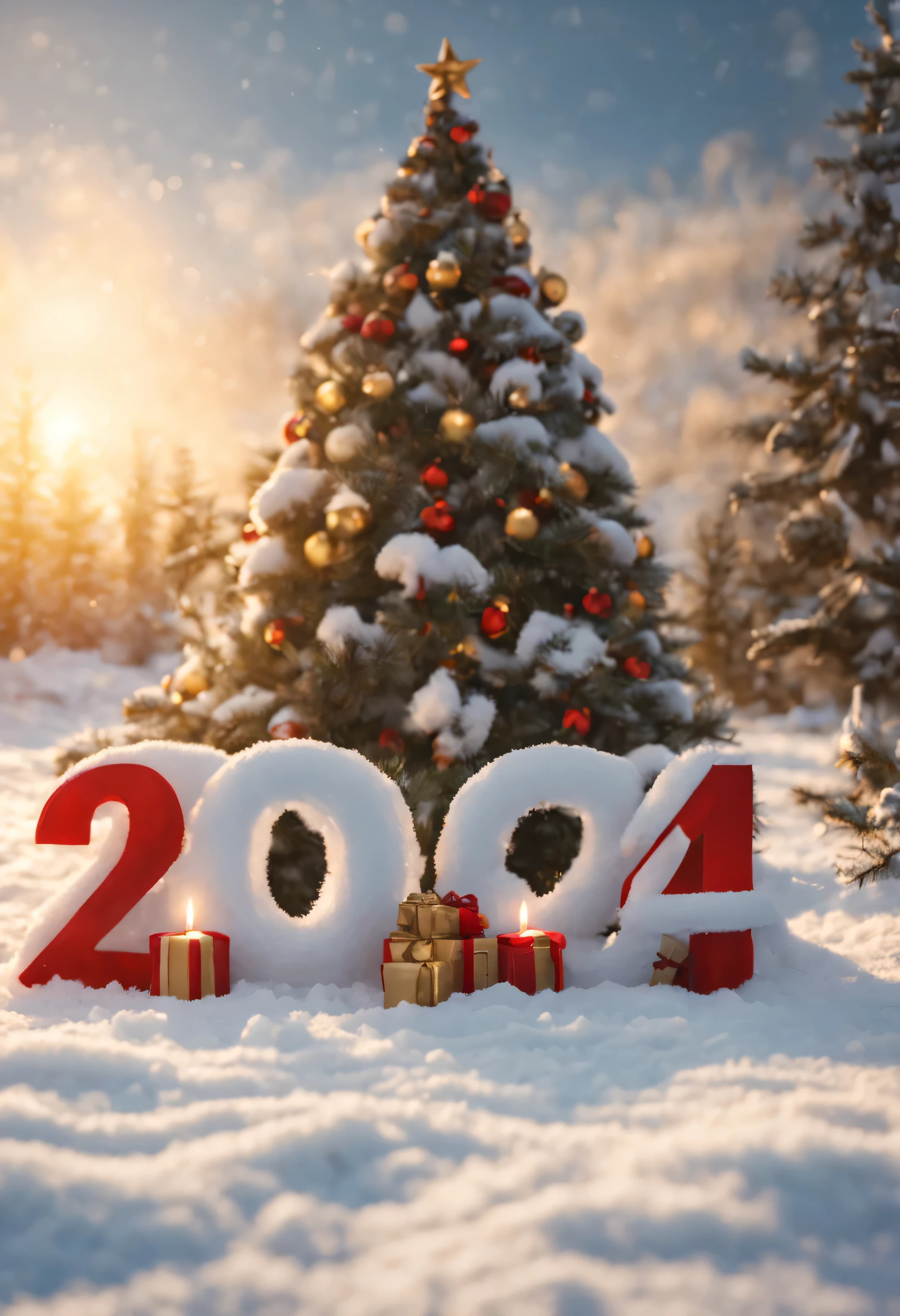 Realistic ((( text"2024" ))) Bright sun , snow and christmas candles ,and a big Christmas tree,garland,Santa Claus and the Snow Maiden,Clear Focus,high detail,HIGH HYPER QUALITY 8K