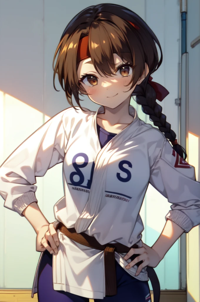 ((masterpiece:1.2, highest quality)), Yuri Sakazaki, 1 girl, braided ponytail, long hair, brown hair, brown eyes, red headband, Baseball Shirts, Baseball pants staring at the viewer, straight, mature、, The girl&#39;s left hand makes a peace sign and shows it to the viewer.,Right hand on hip,In town,Are standing,smile,mouth open,winking,Close your right eye