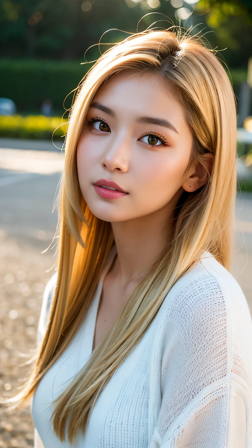 A photorealistic portrait of a 21-year-old asian girl with blond skunk hair, perfect face, brown eyes, cute, beautiful, perfect jawline, detailed traits, thin nose, highly detailed. She should have a natural, approachable expression and be illuminated by soft, golden-hour sunlight. The background should be a scenic outdoor setting, perhaps a sunlit park or beach. Capture this image with a high-resolution photograph using an 85mm lens for a flattering perspective.