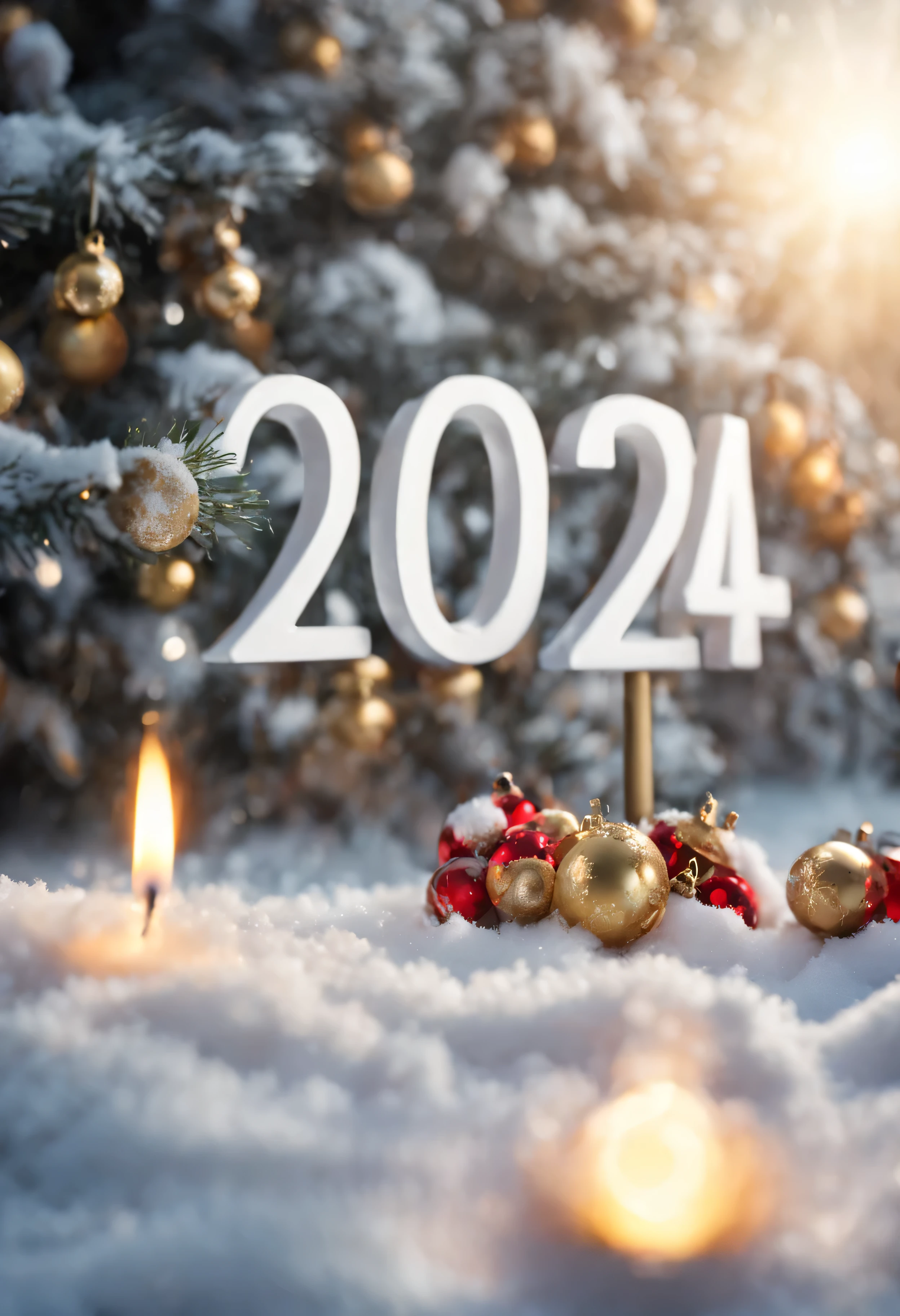 Realistic ((( text"2024" ))) Bright sun , snow and christmas candles ,and a big Christmas tree,garland,Santa Claus and the Snow Maiden,Clear Focus,high detail,HIGH HYPER QUALITY 8K