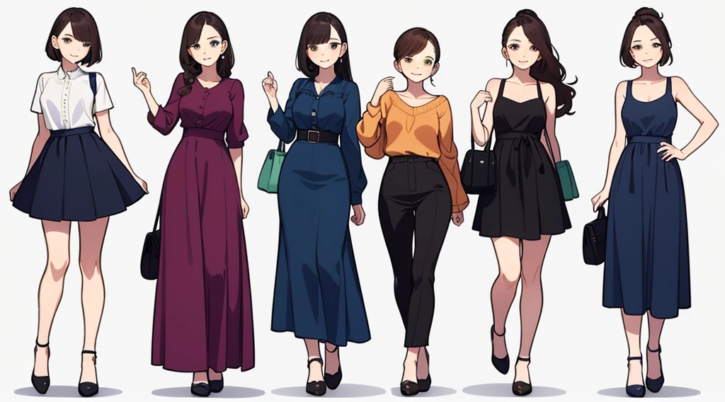 (((Best Quality))) , ((full body)), female, multiple views, white background, variety of hairstyles, variety of fashion styles, seductive pose, fashionable and trendy atmosphere, holding bag, long skirt, dressy casual,
dark blue, dark orange, dark green, dark violet, brown, white,